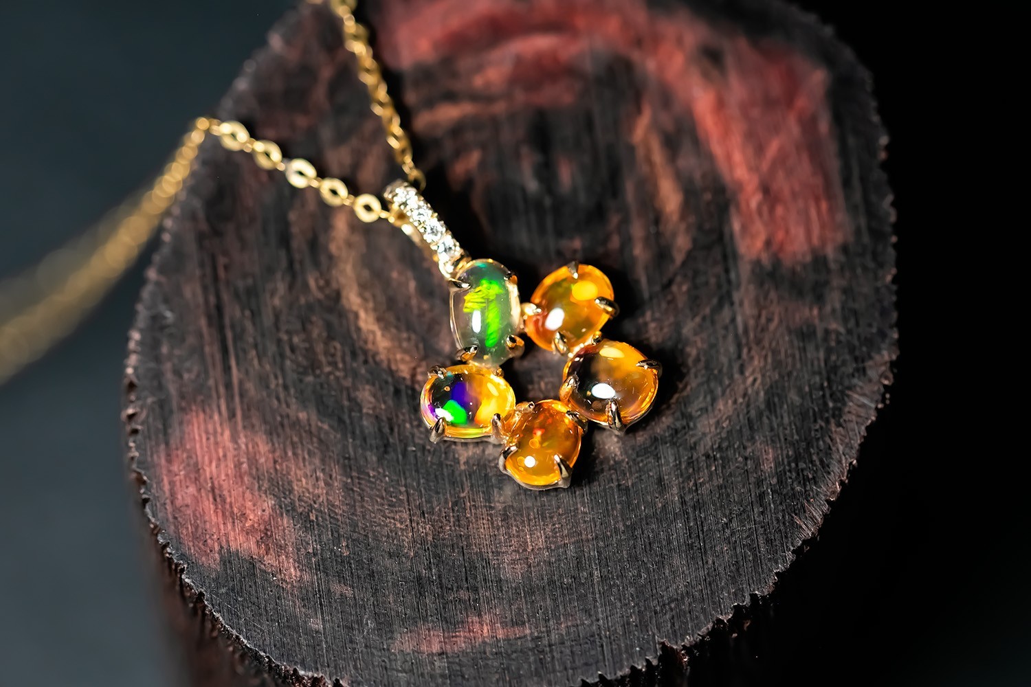 Flower Design Mexican Fire Opal Diamond Pendant Necklace 14k Yellow Gold