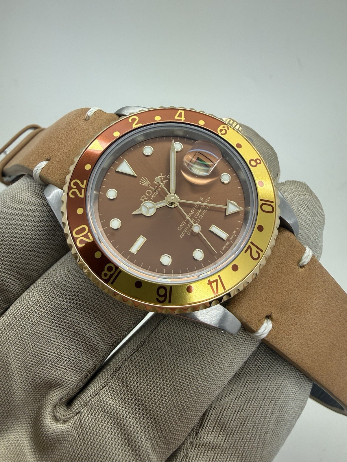 1989 Rolex GMT Master II Rootbeer Brown Bezel Dial Leather 40mm Watch 16713 RSC