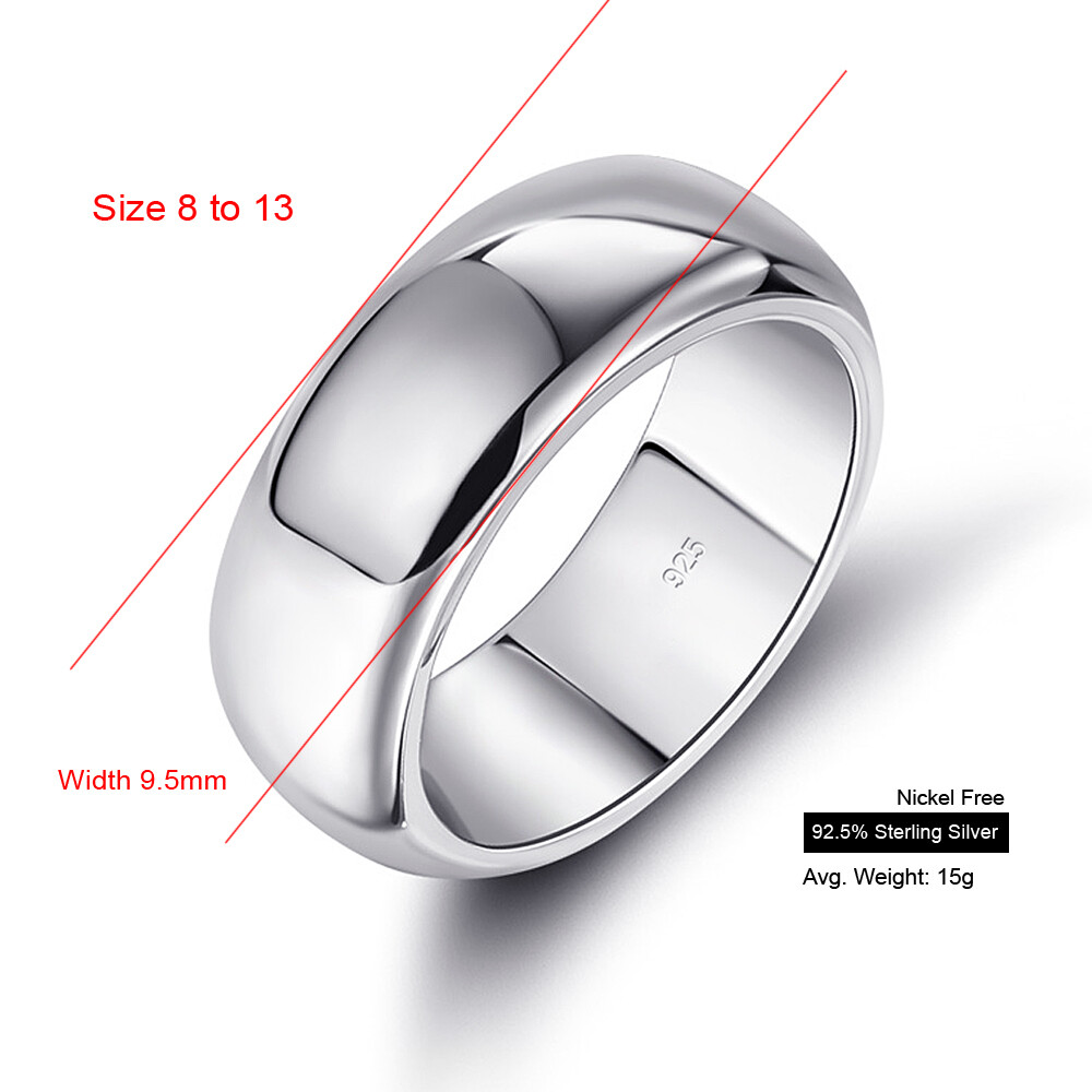 9.5mm 925 Sterling Silver Dome Band Ring Wedding Ring Comfort Fit Men & Women