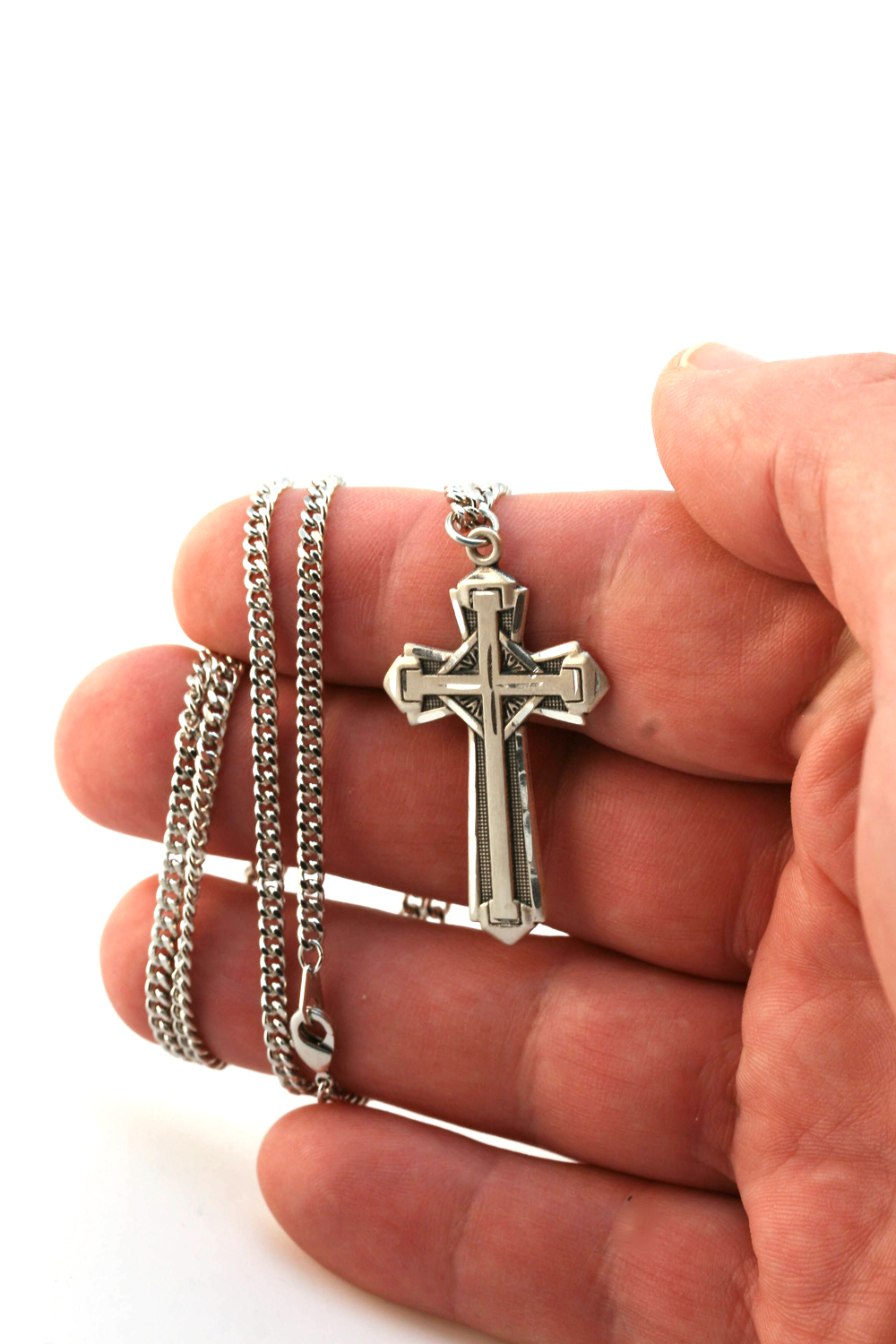 Men’s 925 Sterling Silver Cross 1 5/8 x 7/8 Pendant Religious Necklace 24 Chain