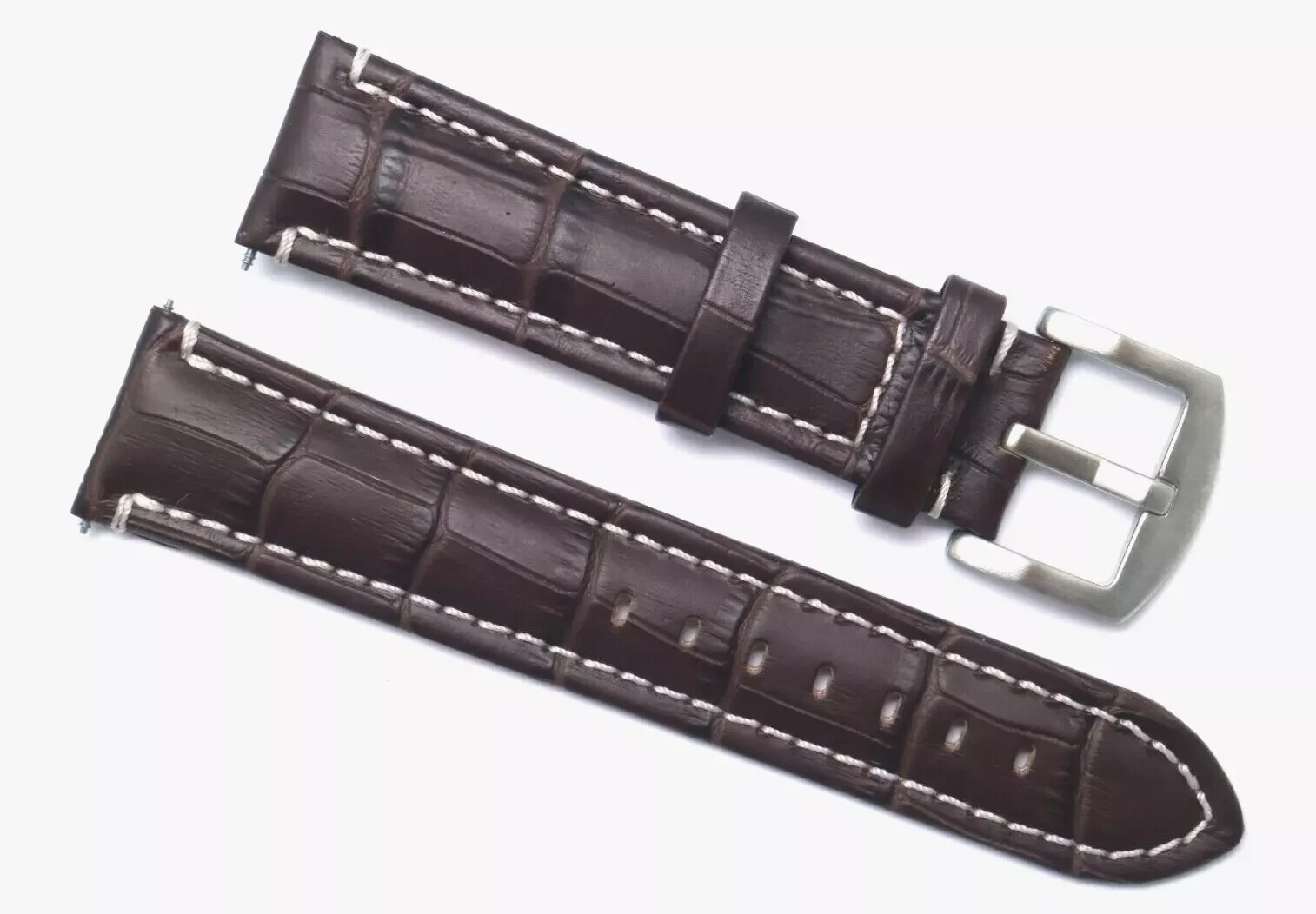 3Pcs 22mm Brown Croco Embossed Leather Contrast Stitch Watch Strap Silver Buckle