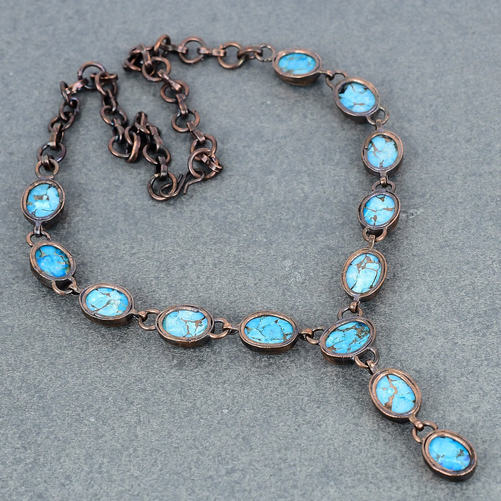 Copper Oval Copper Blue Turquoise Gemstone Electroformed Chain Necklace Jewelry