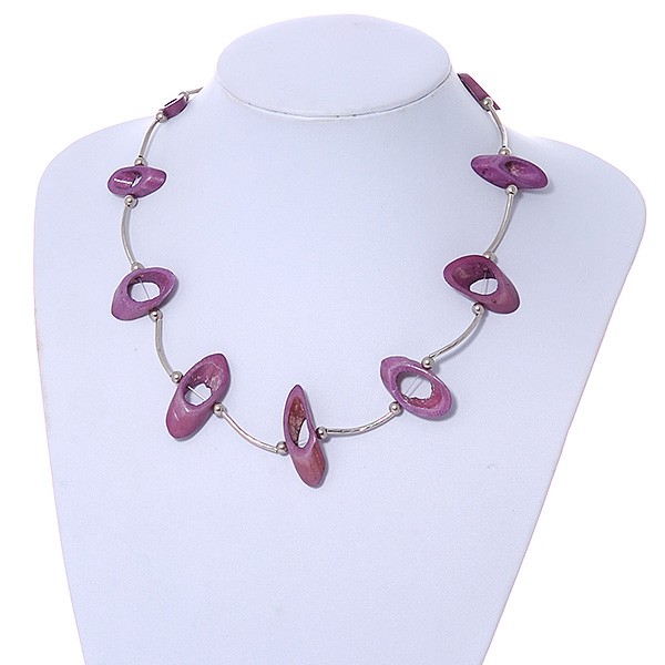 Bone Bead and Textured Metal Bar Necklace In Silver Tone/ Purple/45cm L/ 5cm Ext