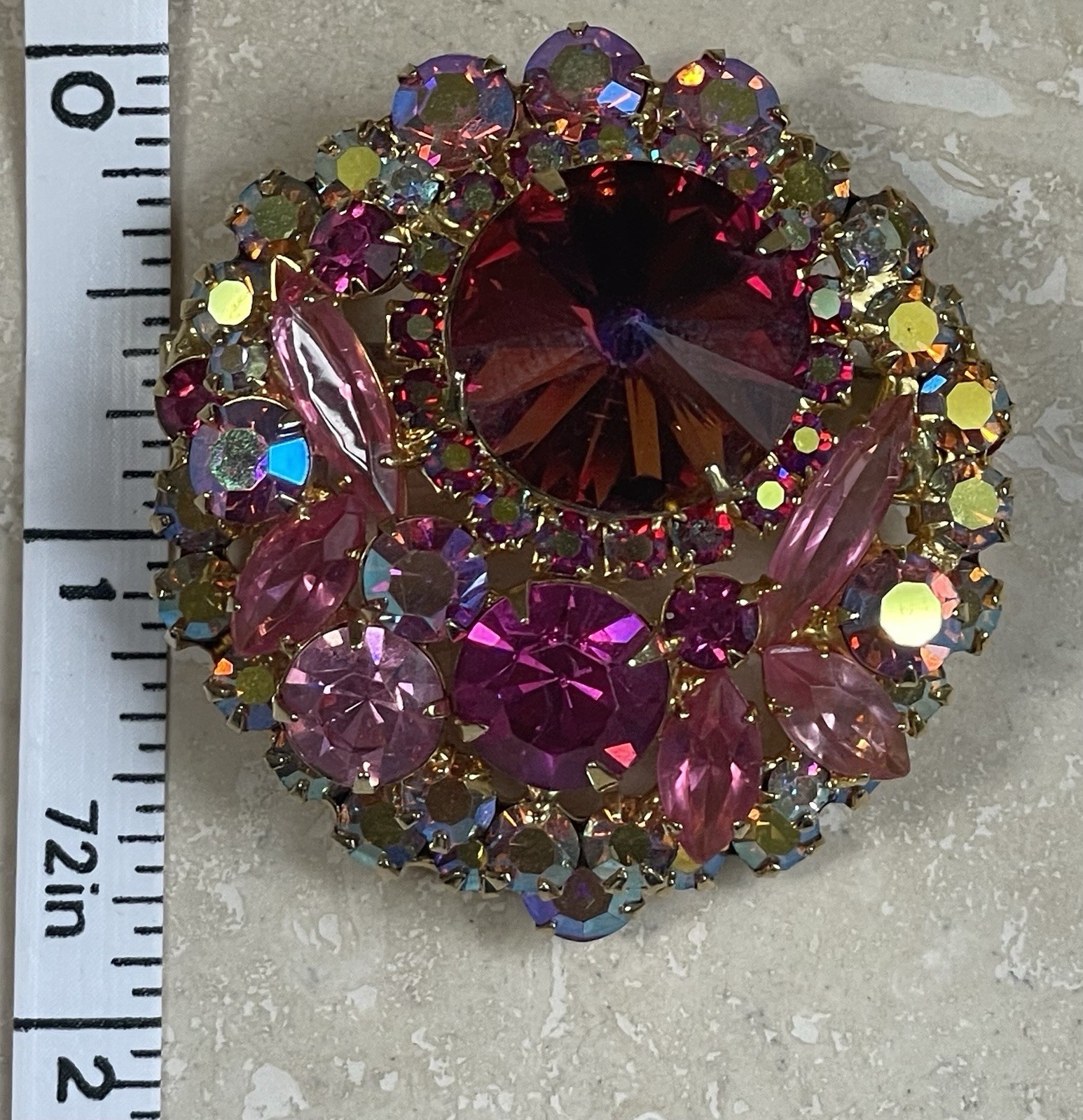 Gorgeous Vintage Juliana D&E Pink Rivoli Dome & Fuchsia AB Rhinestone Pin