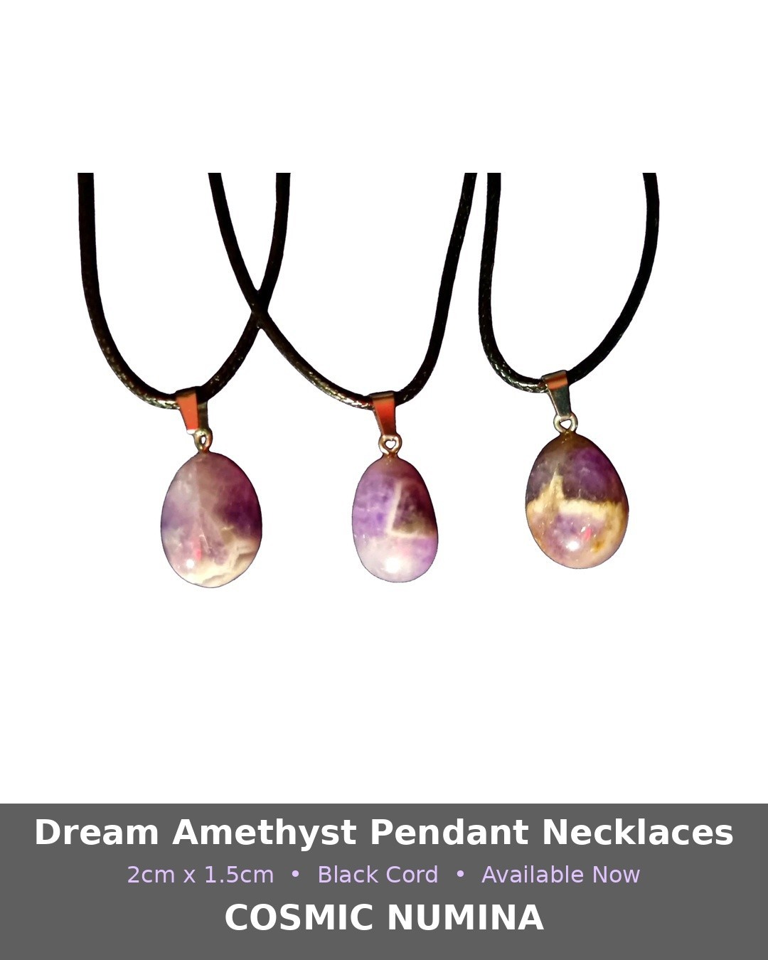 Cosmic Numina Amethyst Oval Stone Charm Pendant Necklace on Black Cord 2cm