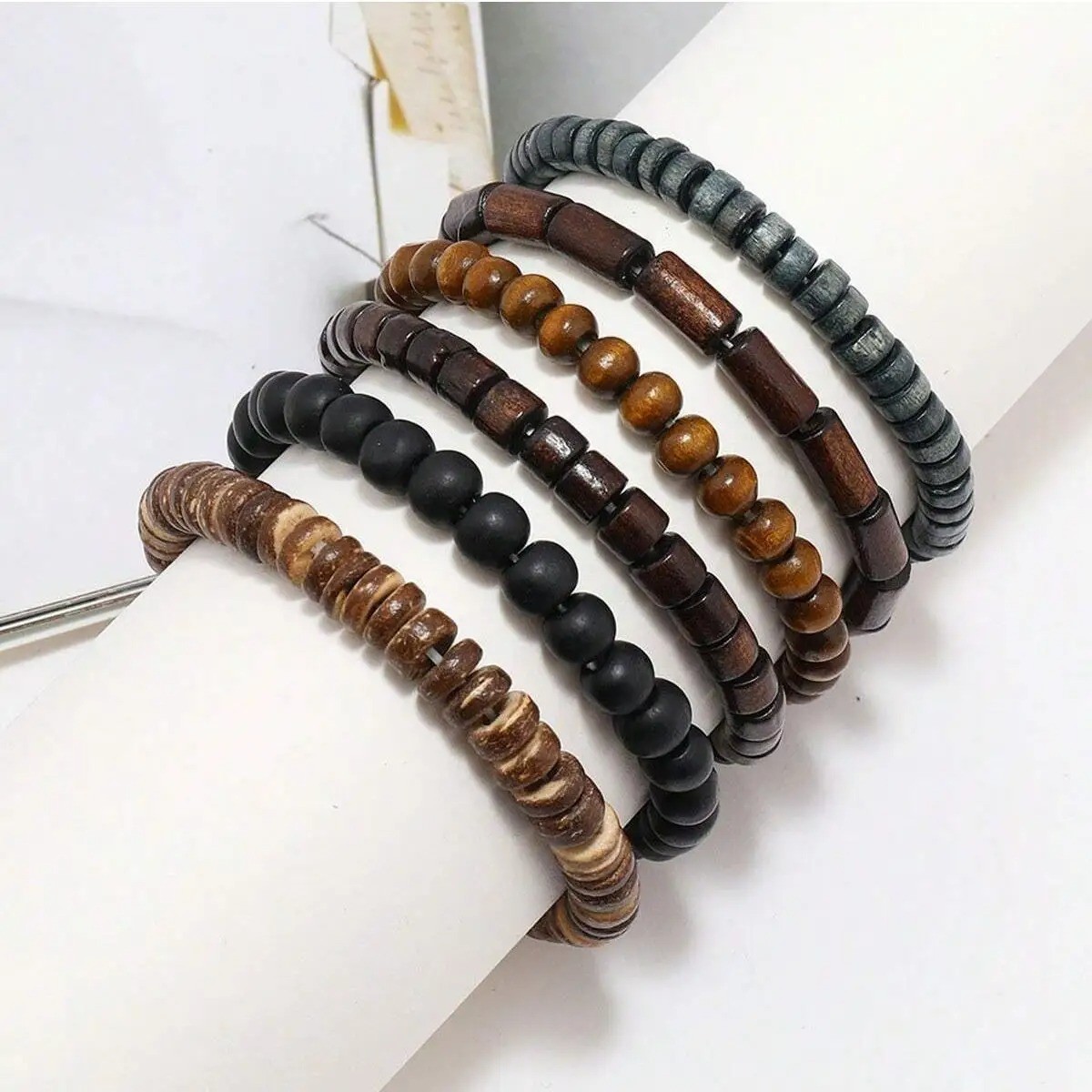 6PCS Wooden Beaded Leather Bracelet Men Vintage Braided Wrap Armband Jewelry