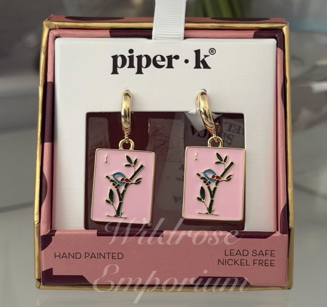Piper K whimsical pink mahjong game tile motif enamel Huggie hoop earrings