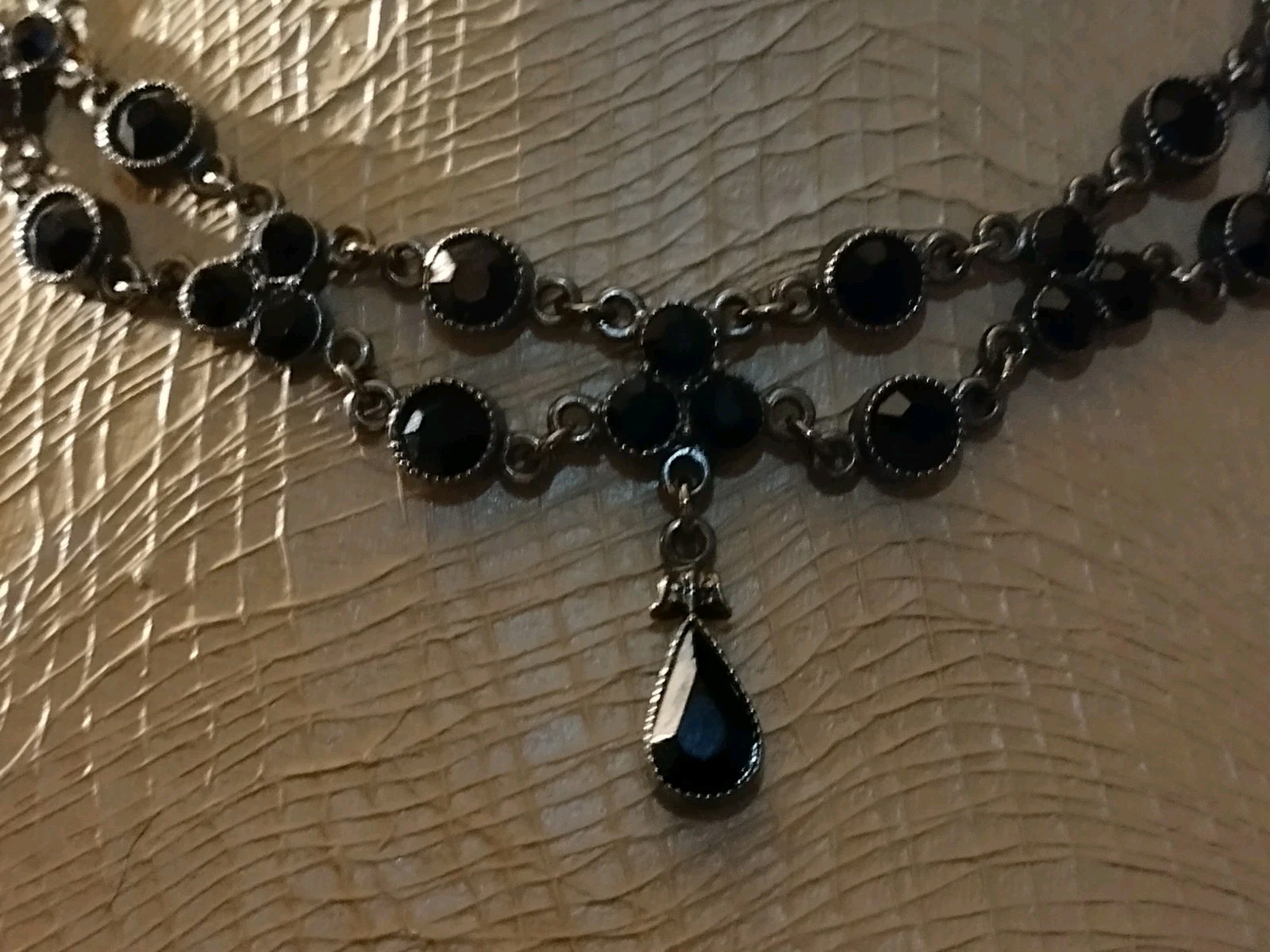 Cookie Lee Black Beaded Silver Tone Teardrop Necklace & Earrings Signed