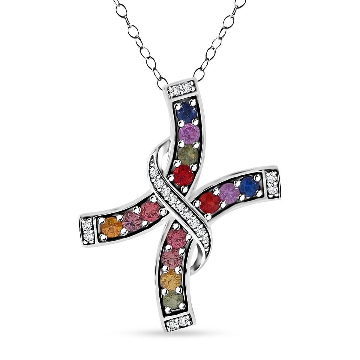 1.60ctw Multicolor Sapphire and Zircon Pendant with Chain 20″ Rhodium Plated