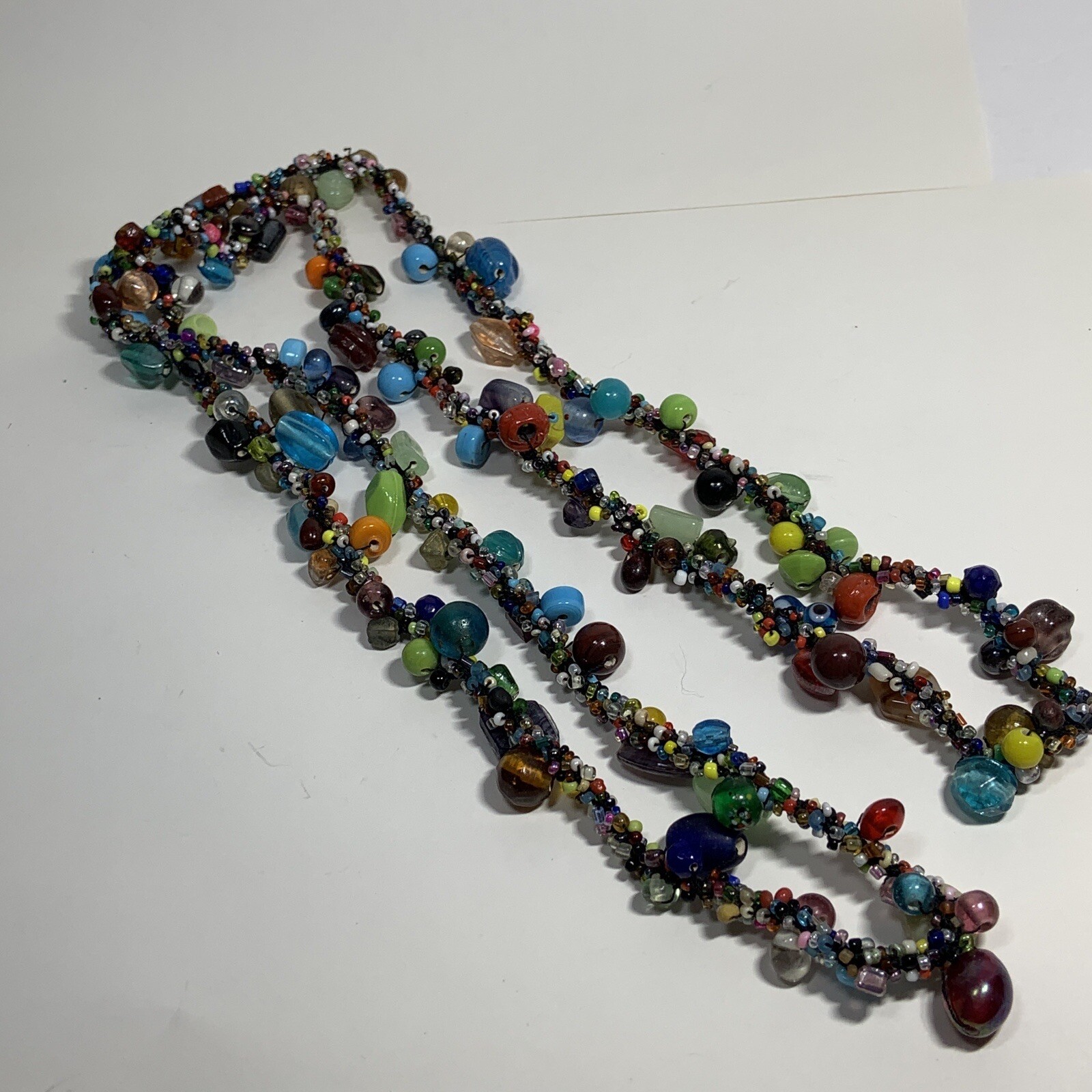 HANDCRAFTED Art Glass Seed Bead TWIST WRAP NECKLACE Multi Color EXTRA LONG 48″