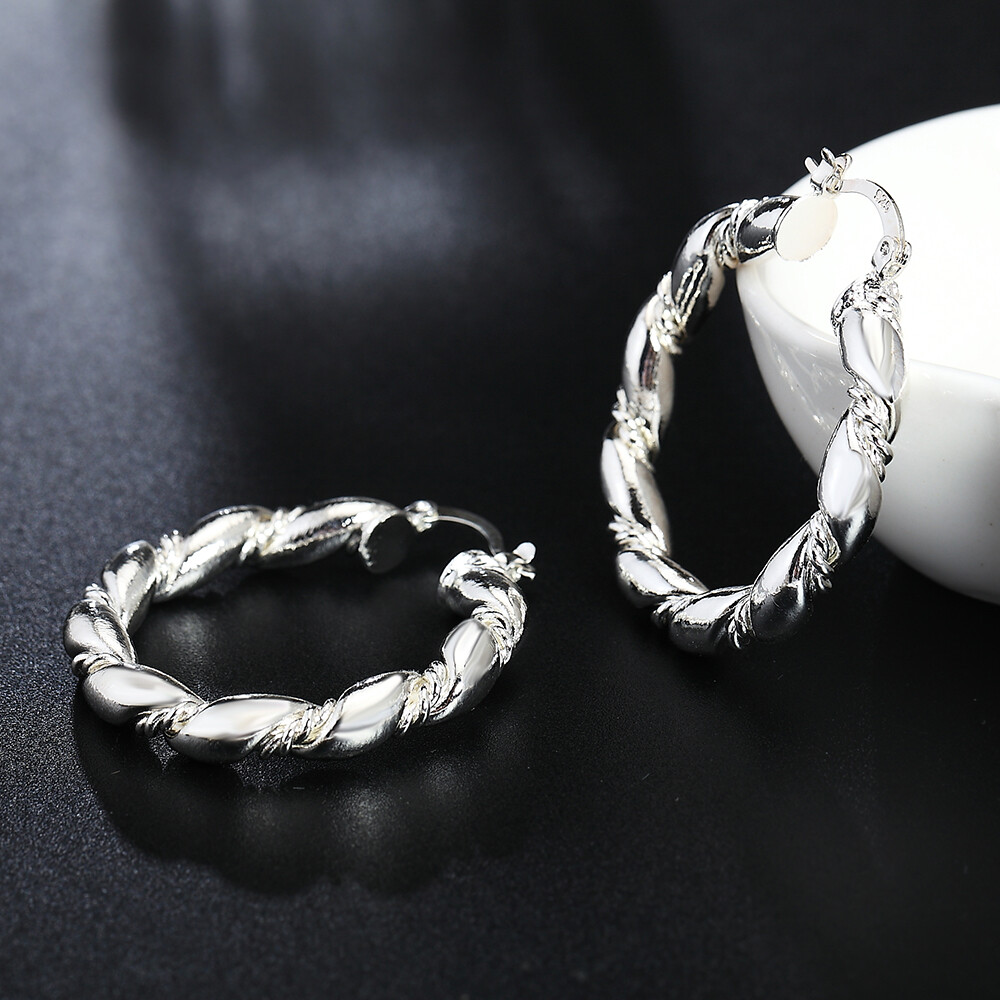 925 Silver Retro Twist Hoop Earrings For Women Trend Personality Jewelry