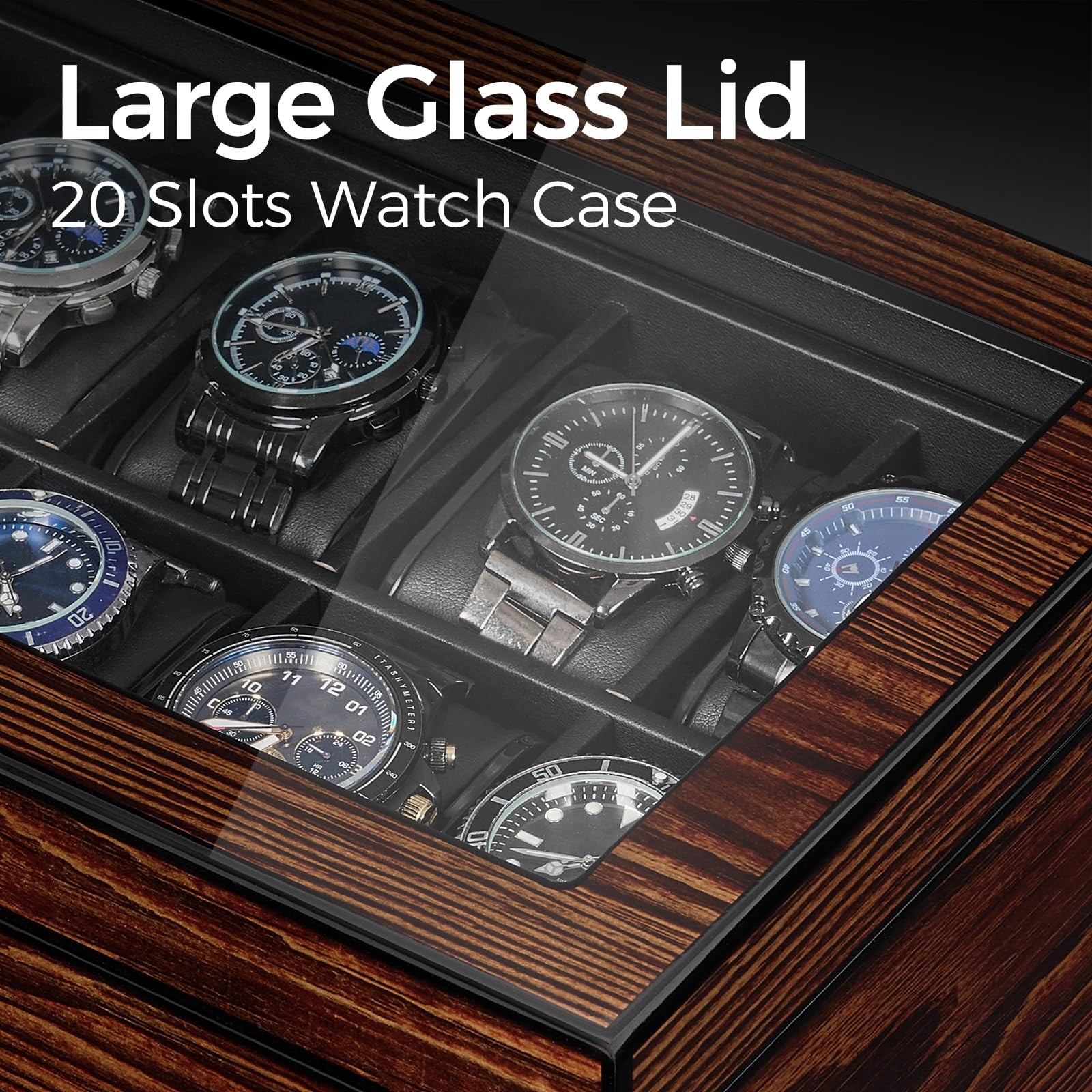 BEWISHOME High-End Watch Box, 20-Slot Case with Large Medium, Brown