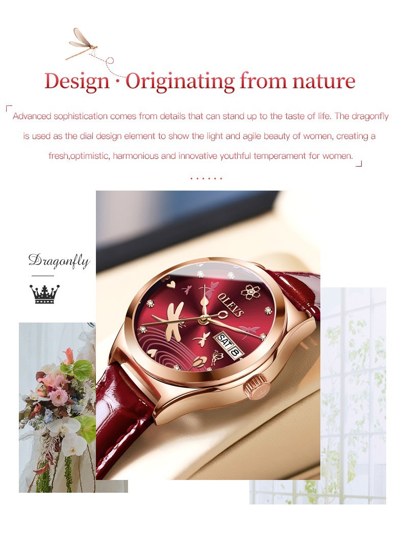 OLEVS 6611 Leather Dragonfly Style Automatic Female Dress Mechanical Wristwatch