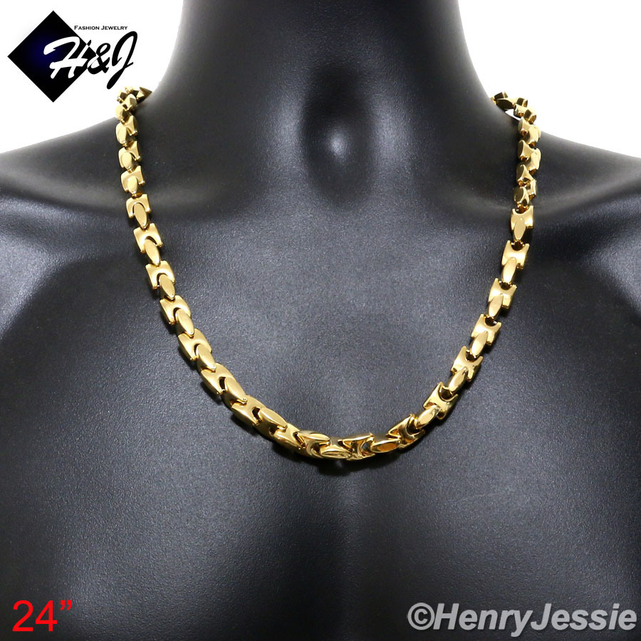 24″MEN Stainless Steel Heavy 8mm Gold Plated Interlock Bones Link Chain Necklace