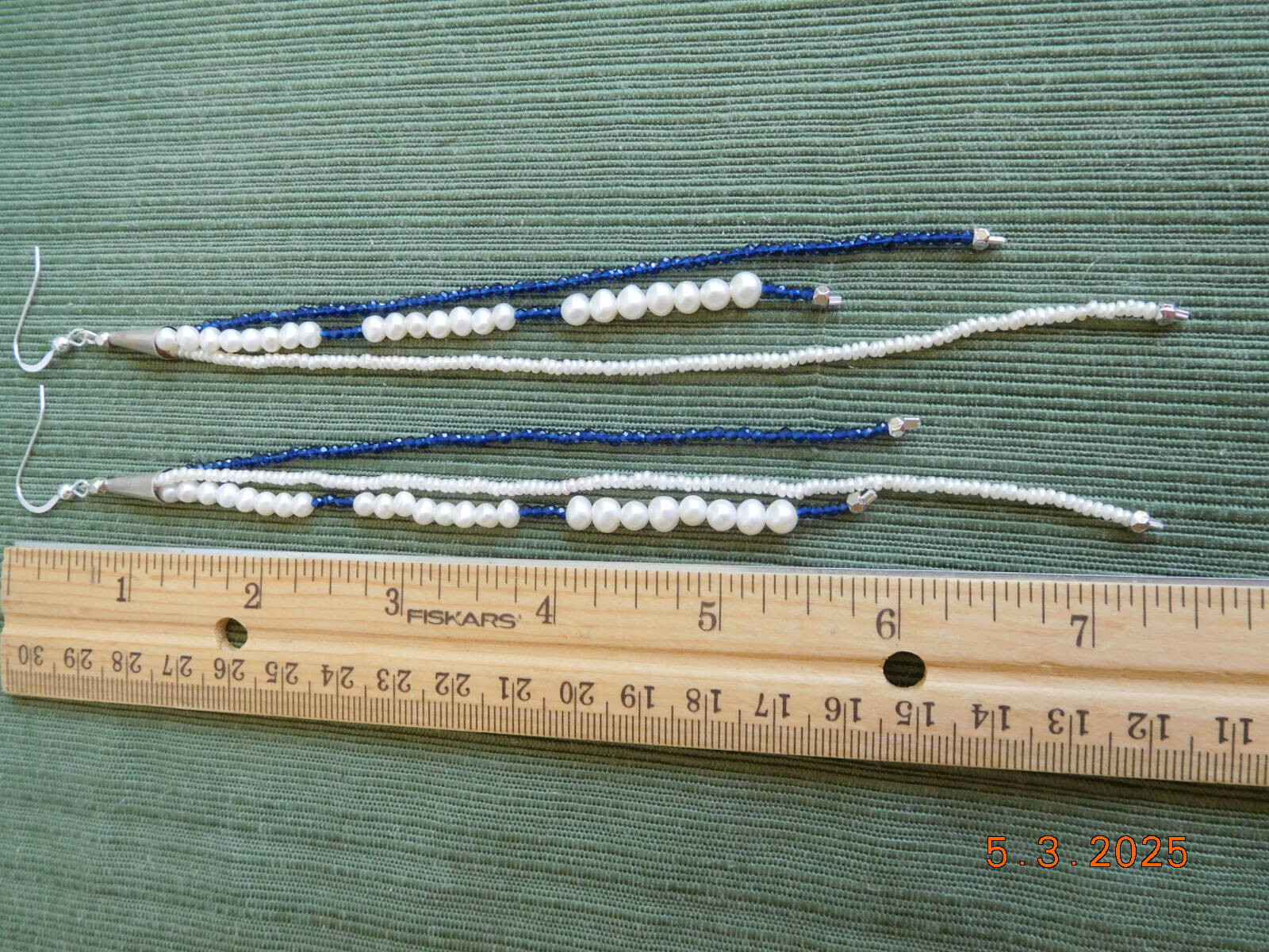 Sterling silver white pearl and blue faceted agate beaded long earrings 7.5 inch