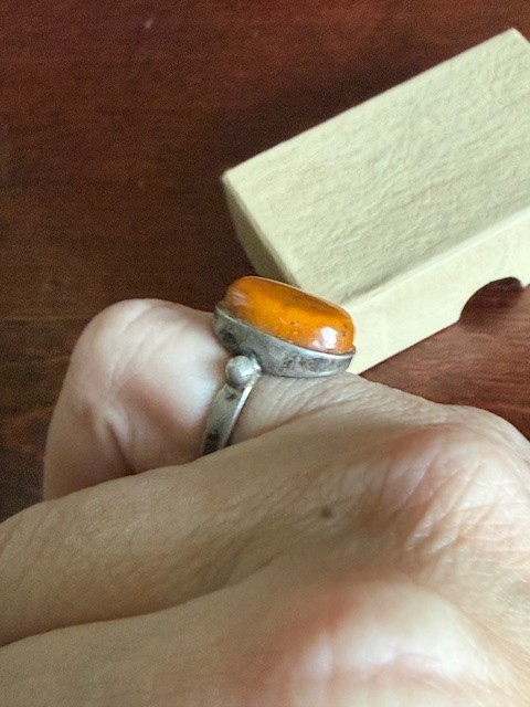 Vintage Sterling Silver 925 Baltic Egg Yolk Oval Amber Cabochon Ring 1960’s sz 7