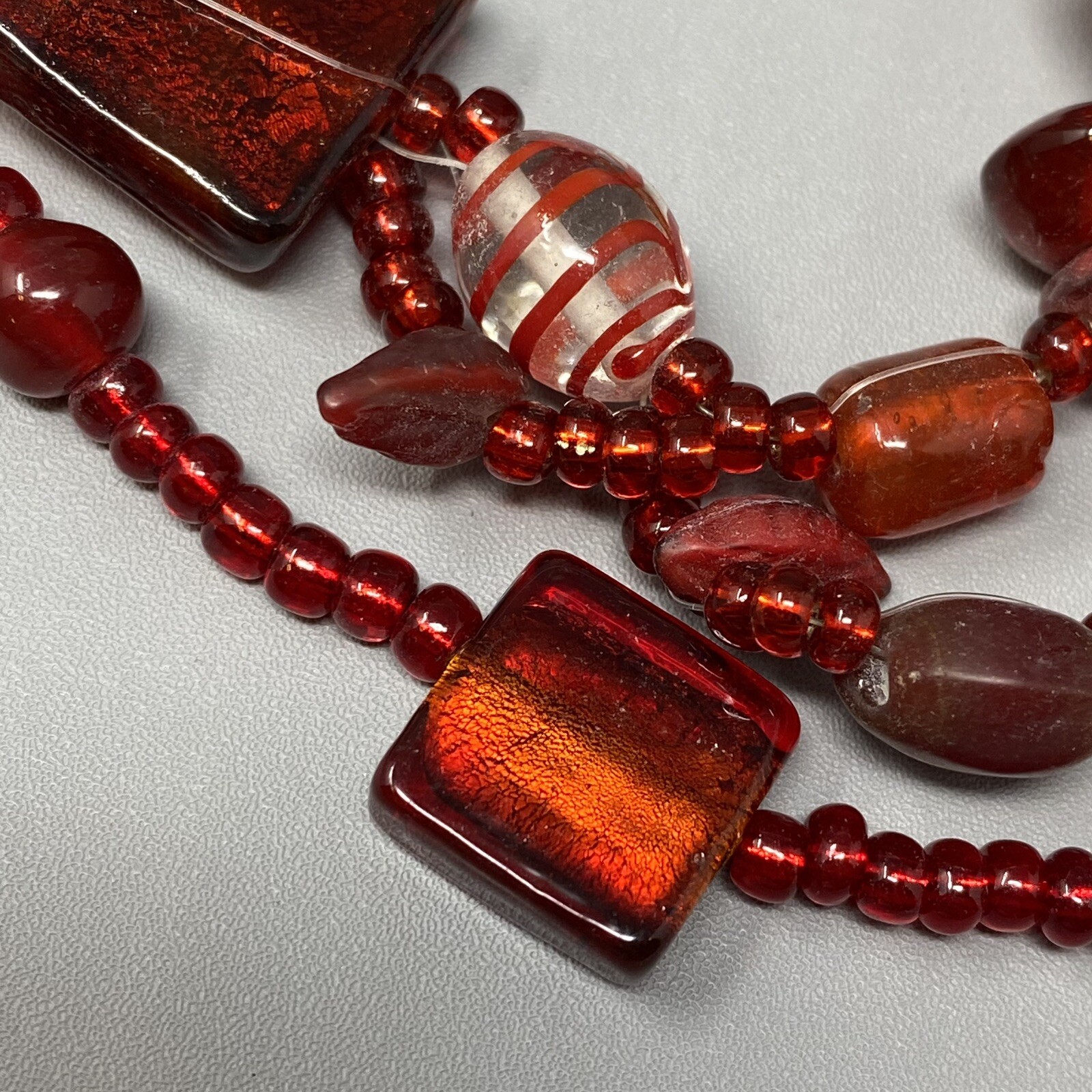 VTG Boho Glass Necklace Red Burgundy Glass Beads Czech Dichroic Frost Molded 24″