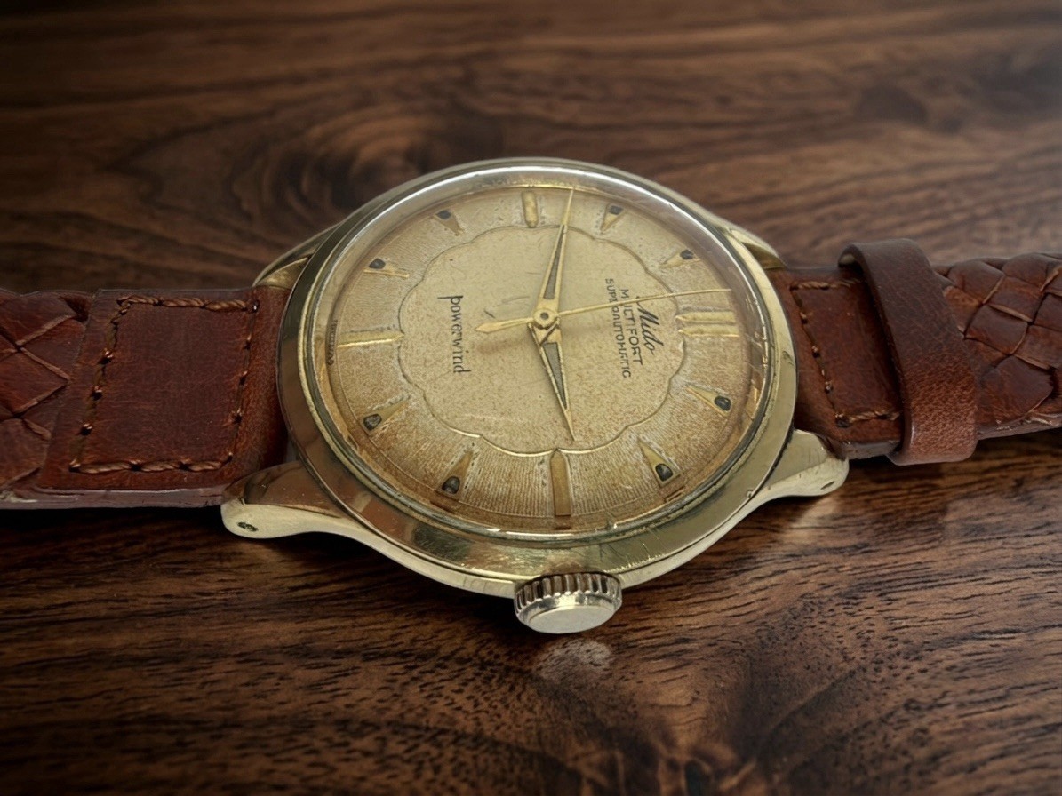 Mido Multifort Powerwind “SCALLOP DIAL” 17J Swiss Vintage 1950s Gold Dial