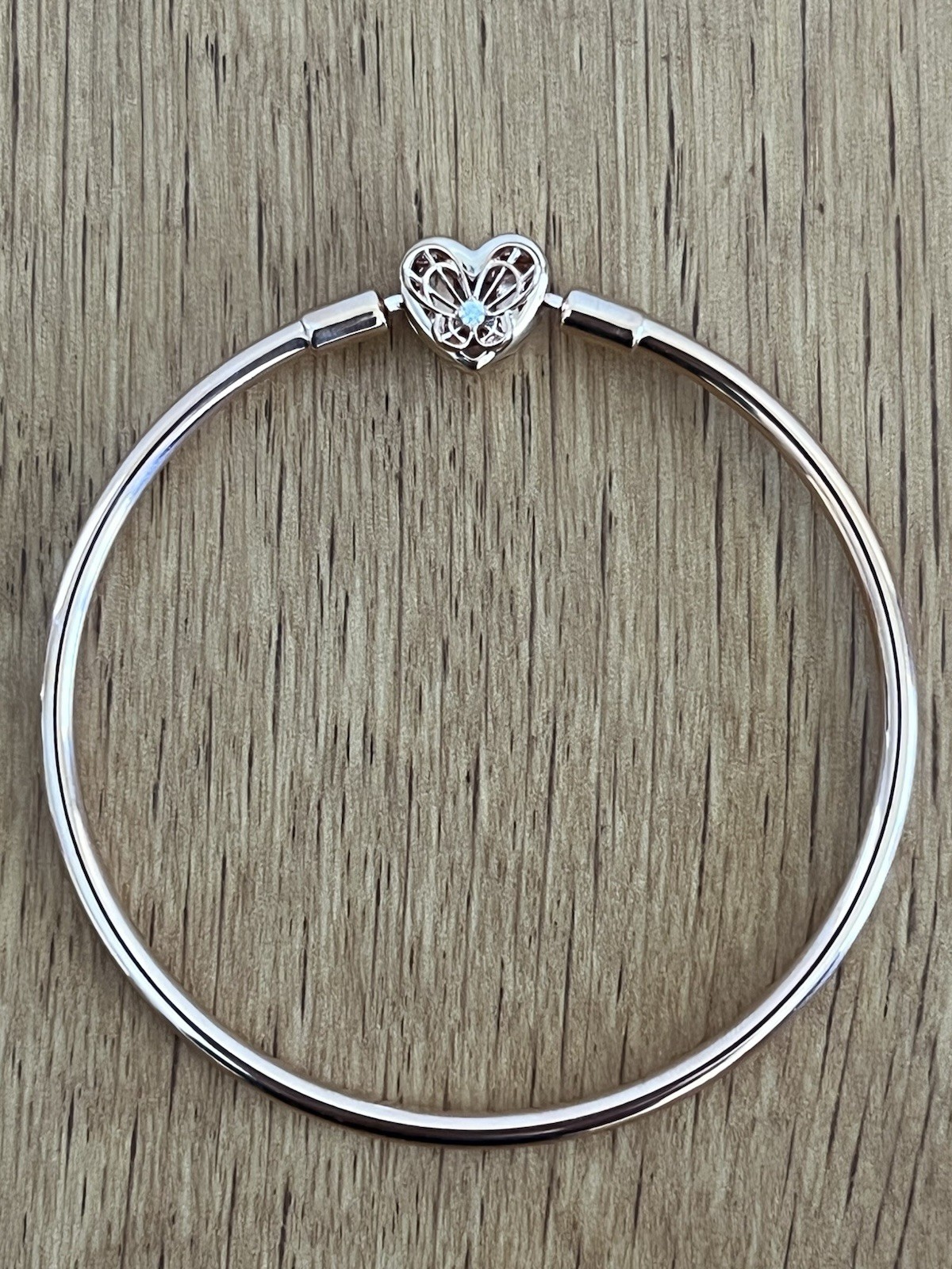 PANDORA “Heart and Butterfly” Rose Gold Bangle Bracelet – NEW – 7.5 Inches/19 cm