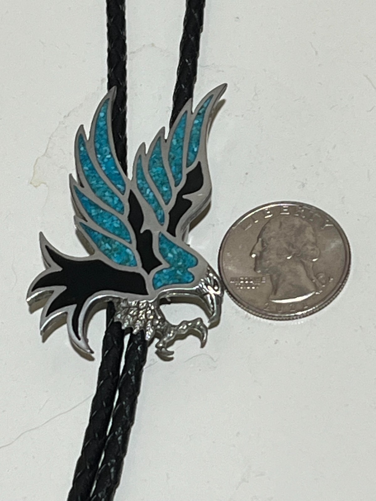 Vintage Eagle Bolo Tie with Turquoise Inlay Silver Tone Bennett style Clasp
