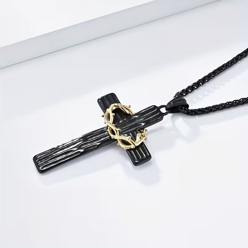 Black Christian Cross Necklace Crown of Thorns Pendant Religious Gift Jesus Mens