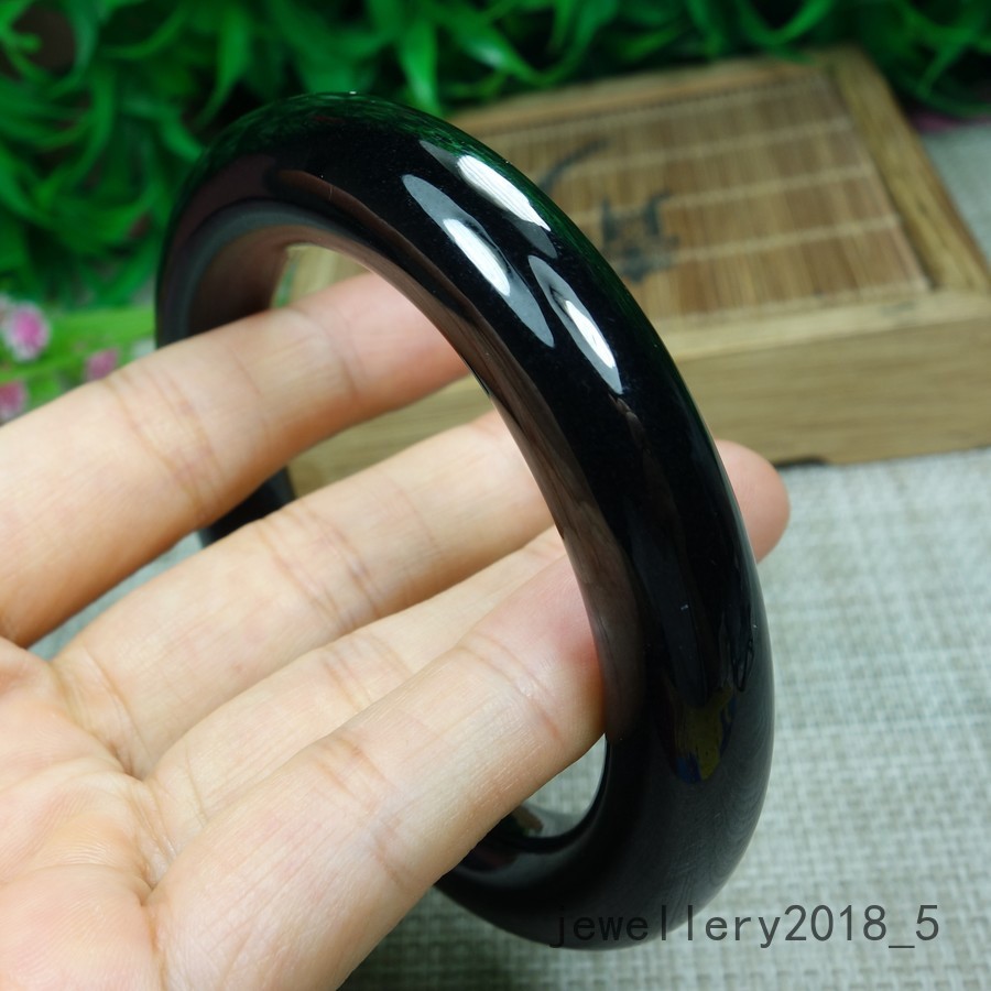 Certified Black Green Burma 100% Natural A Jadeite jade Bracelet 墨翠 圆条玉手镯 58.9mm