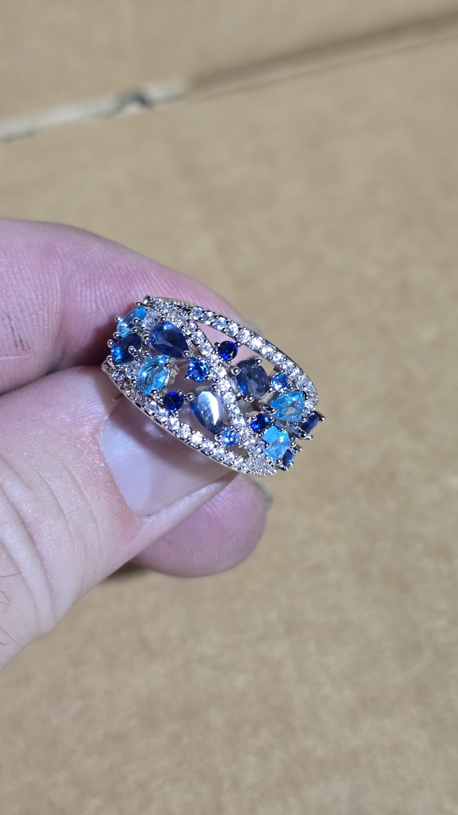 Boho Silver Tone Blue Crystal Teardrop Cluster Cocktail Ring Size 7