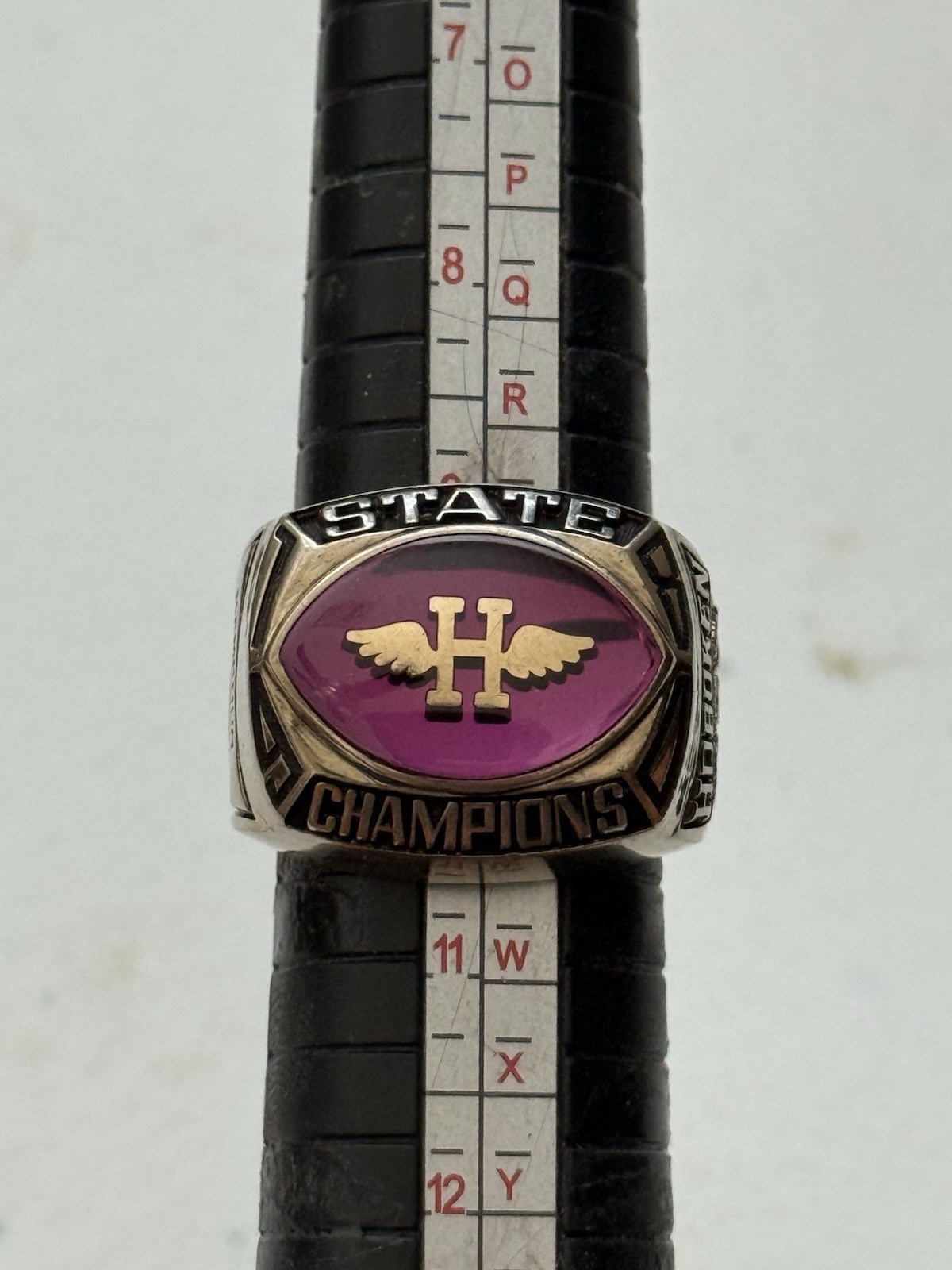 Vintage Hoboken High School State Champions Ring – Winged H Logo – Purple Stone