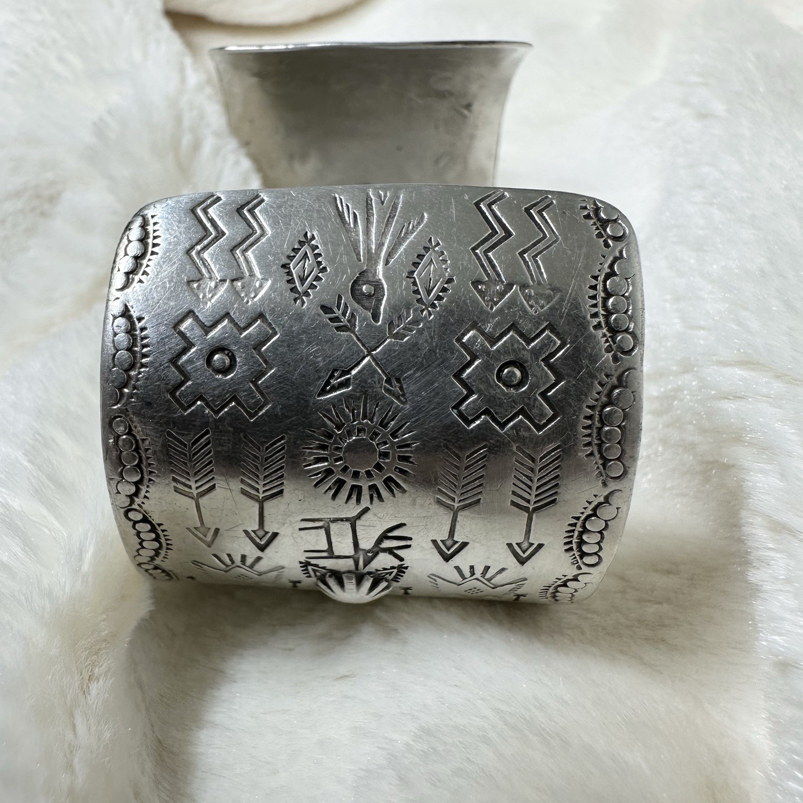 Fred Harvey Era Navajo Repousse Stamped Sterling Silver Wide Cuff Bracelet 52g