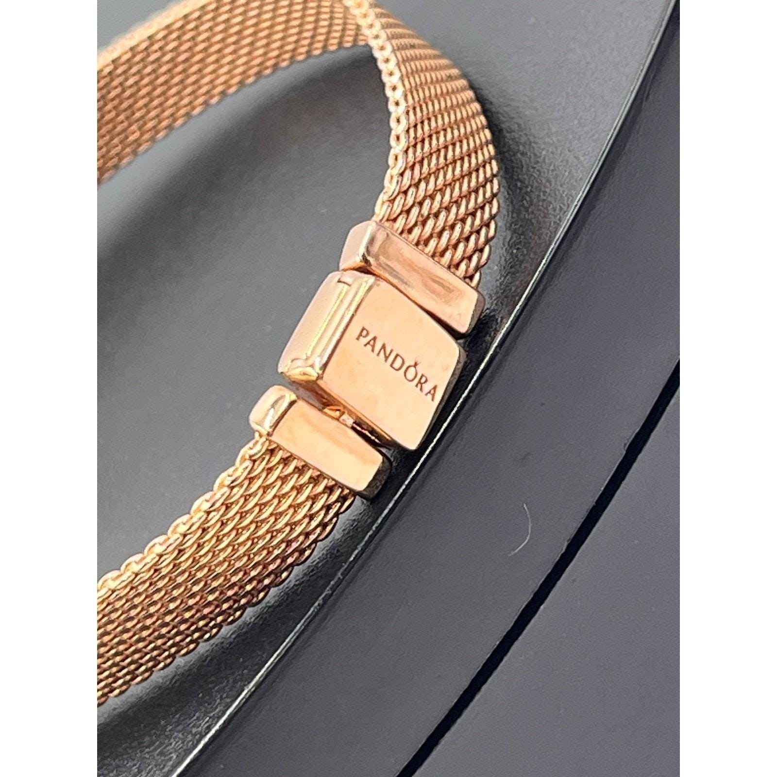 Pandora Reflexions Rose Gold Mesh Bracelet One Bling Charm 2 Pave Clip Charms
