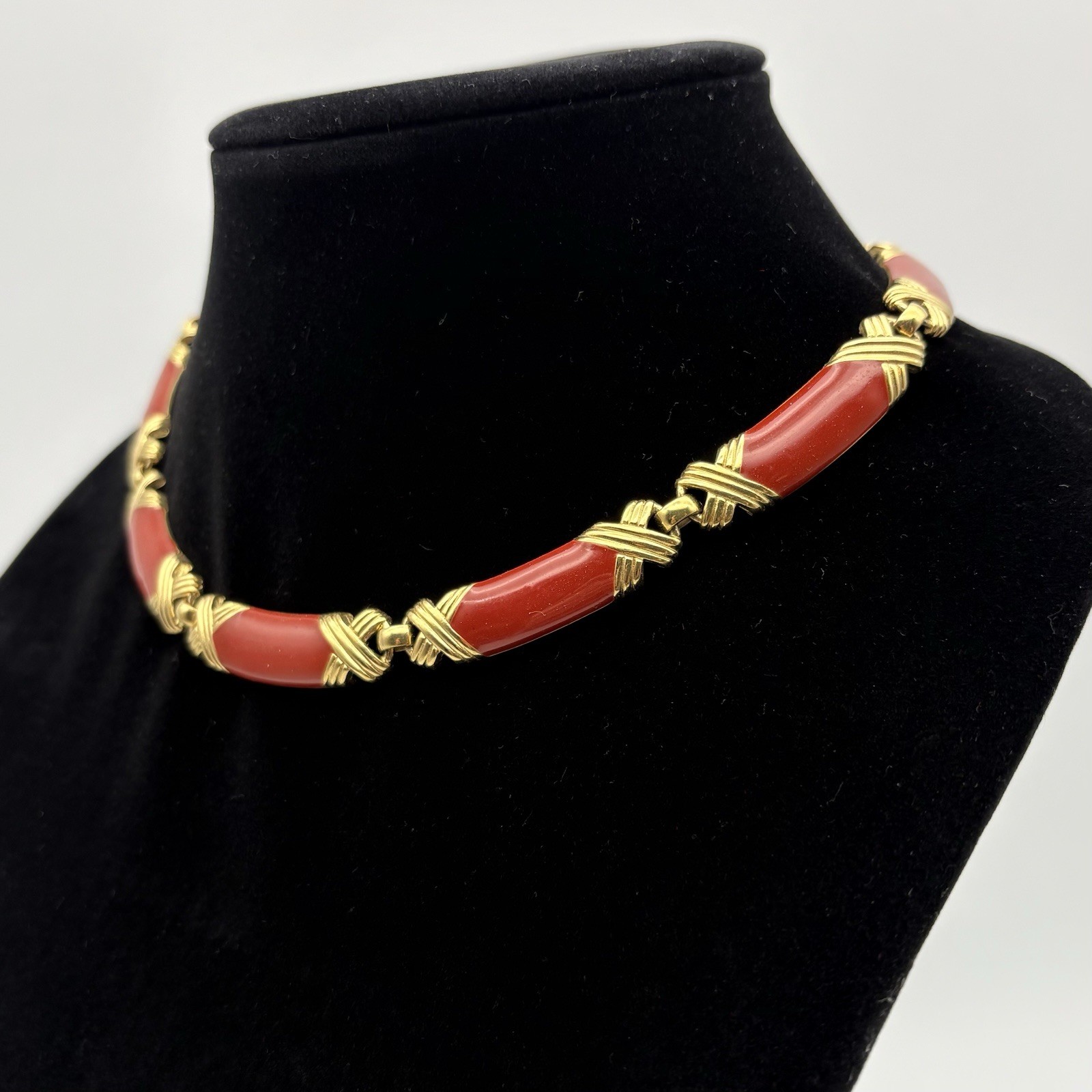 Monet Vintage Blood Orange Red Enamel & Gold Tone Choker Necklace 17 Inches