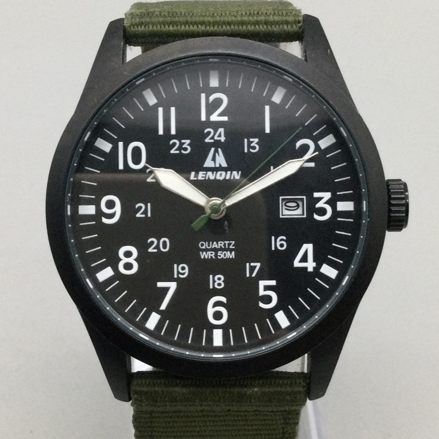 Lenqin Watch Mens 40mm Black Case Olive Green Nylon Band Date WR 50M