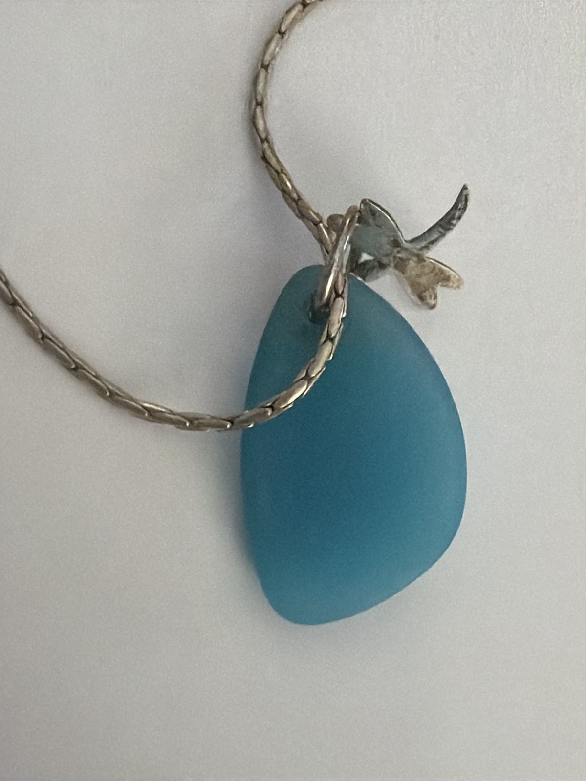 Paolo Romeo Italy 925 Sterling Silver Necklace Blue Sea Glass Dragonfly Pendant
