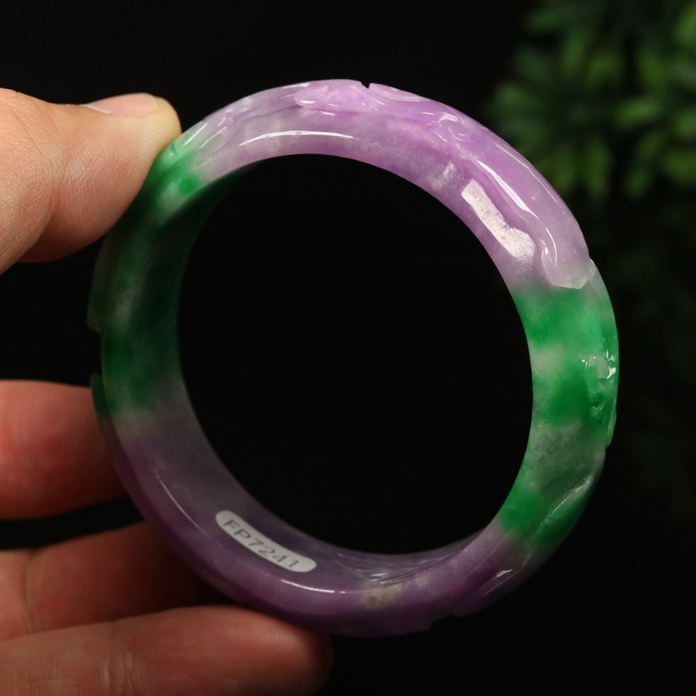 55mm Lavender Purple Green Jadeite Jade Bangle Bracelet Ruyi Fish Lotus A-14535