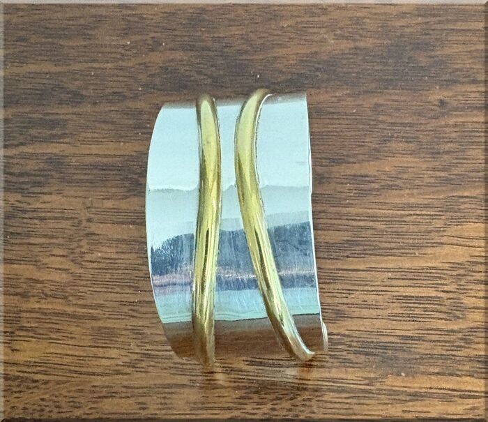 Vtg. Taxco Mexico Modernist Sterling Silver & Brass Cuff Bracelet (TJ-37), 46.6g