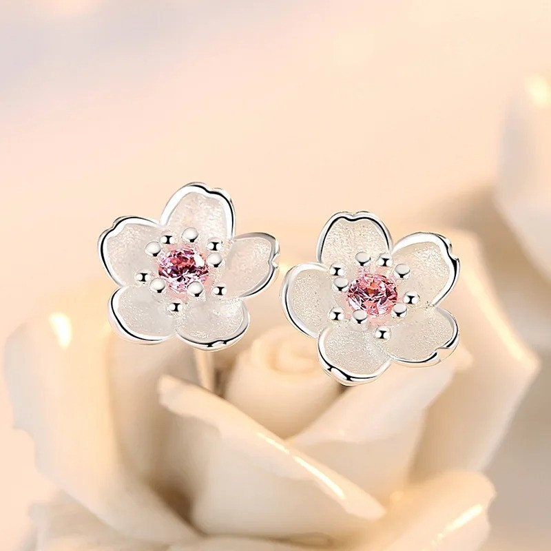 925 Sterling Silver Pink Purple Zircon Flower Stud Earrings Women Elegant