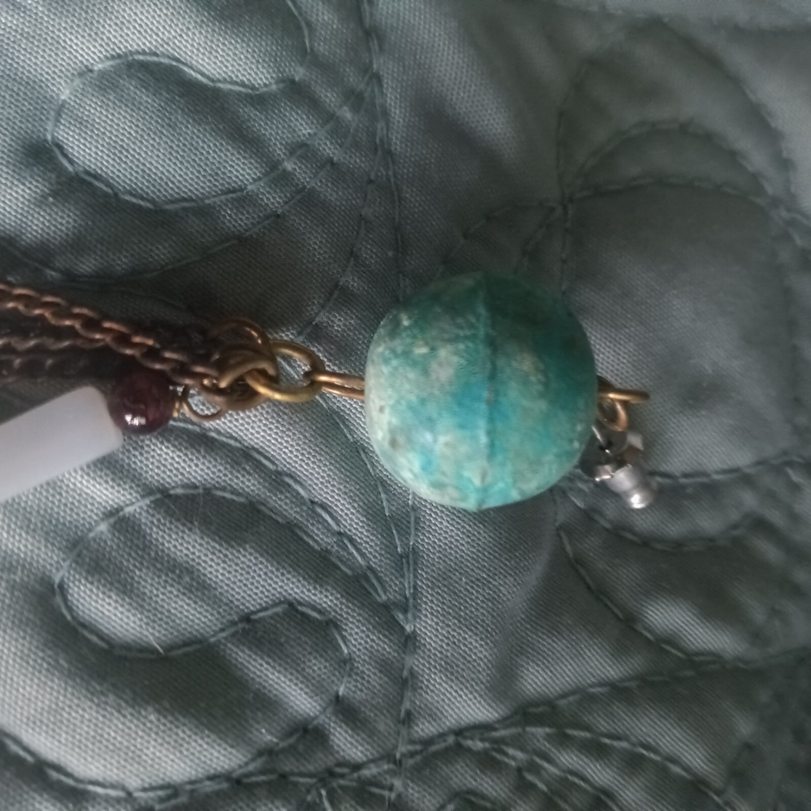 Crafted Dangle Drop Earrings 4″. Beads Granite Heart Elephant on Verdigris Ball.