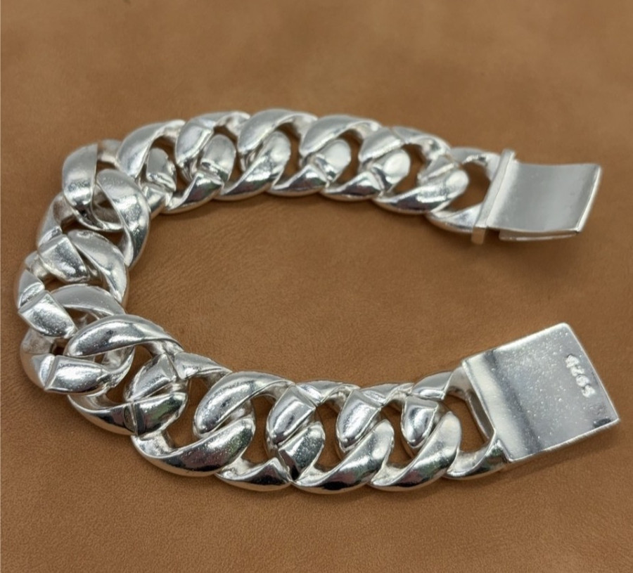 Heavy 114g Chunky Curb Link Bracelet 925 Tone Silver Plated Vintage Style