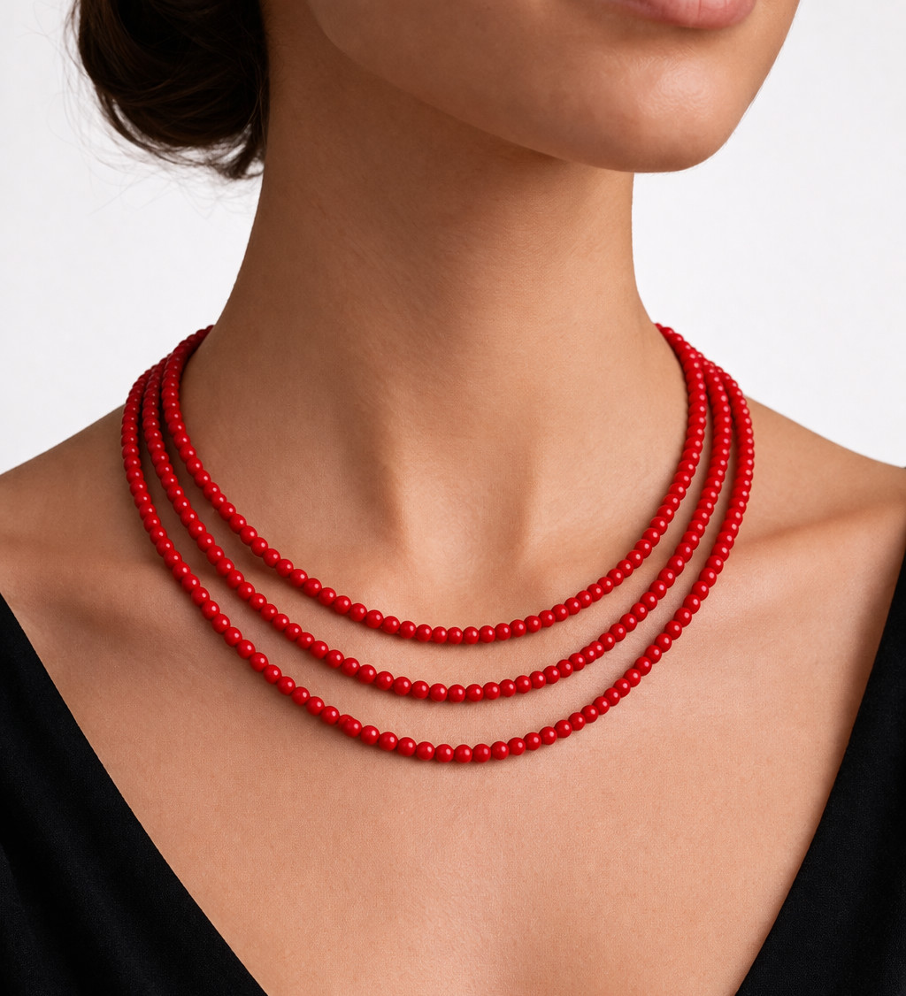 Red Coral Necklace 3 Strand 4mm Round Bead 18″ Layered Choker Statement Jewelry