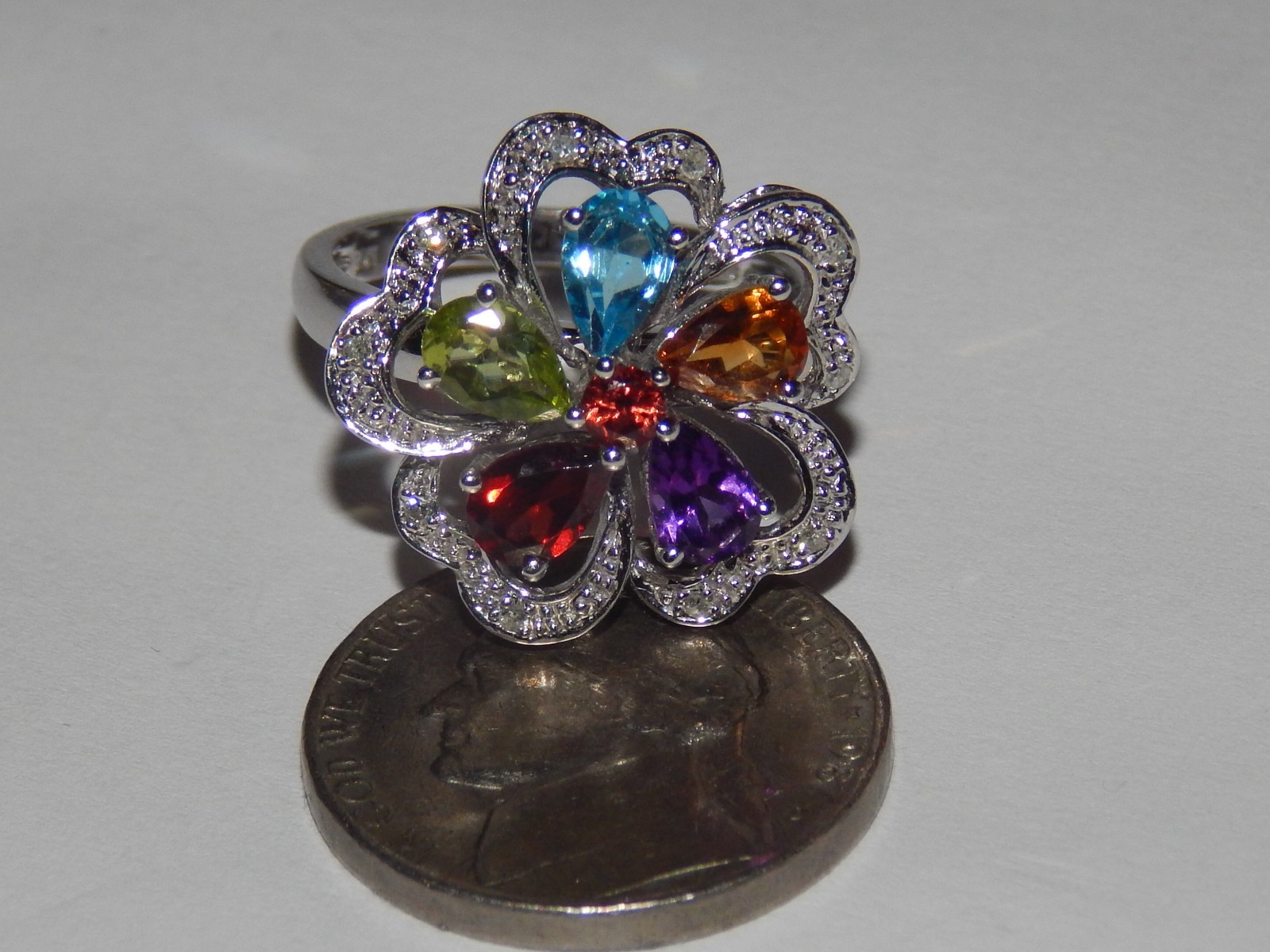14K WHITE MULTI GEMSTONE & DIAMOND 3/4 INCH WIDE FLOWER CLUSTER RING SIZE 7