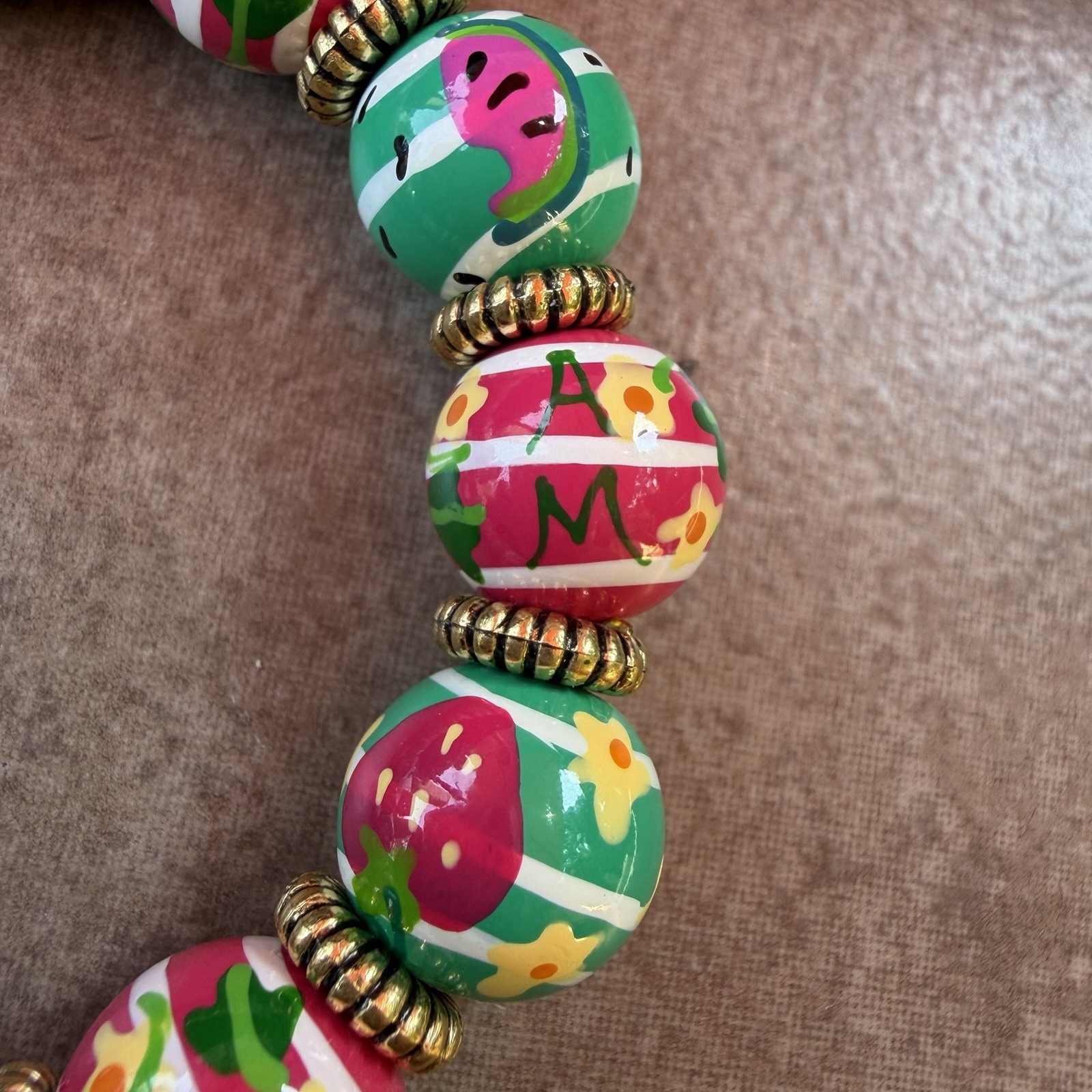 Angela Moore Hand Painted Stretch Beaded Bracelet Fruits Of Summer Gold tone EUC