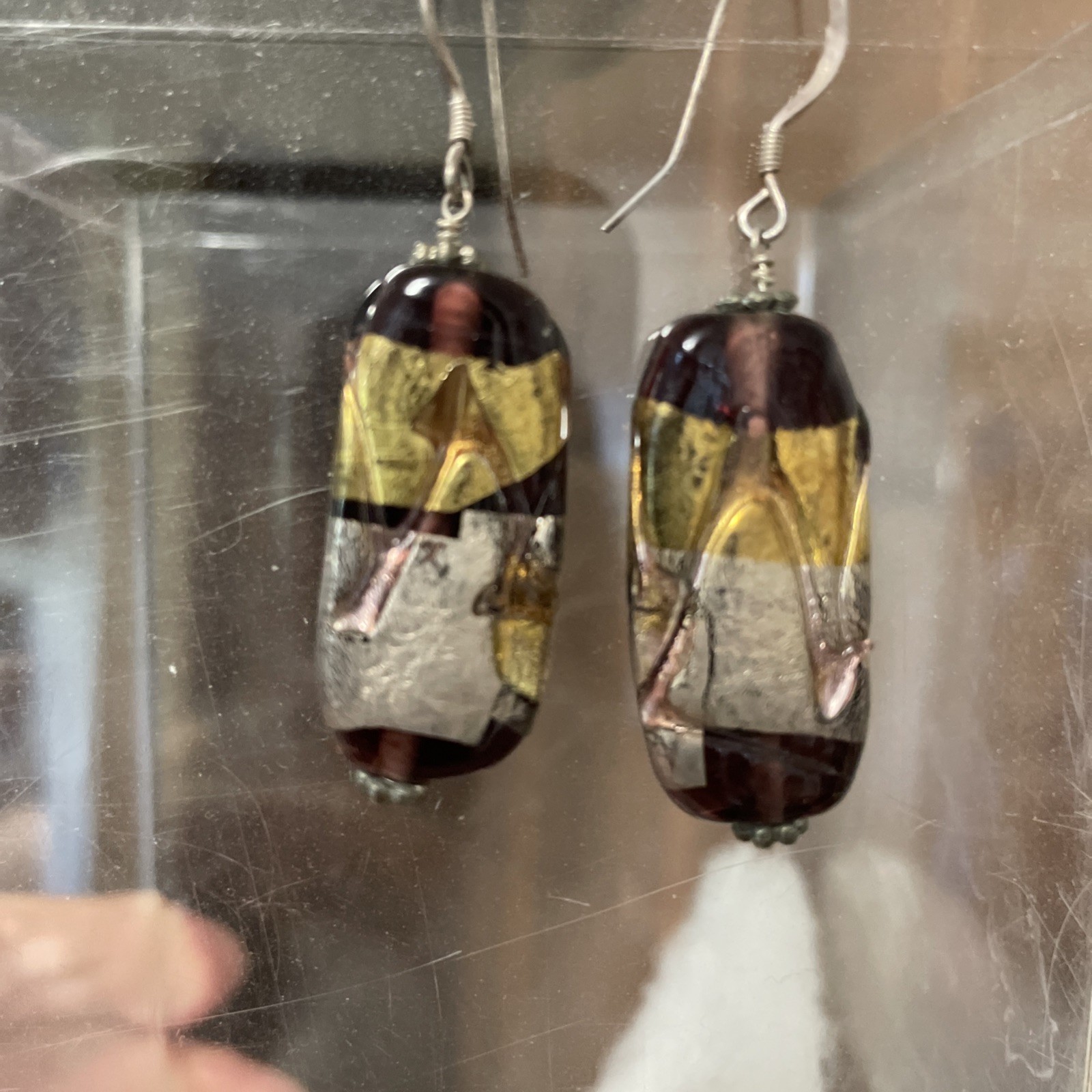 Purple Silver Gold Glass Sterling 925 Bead Artsy Drop Earrings