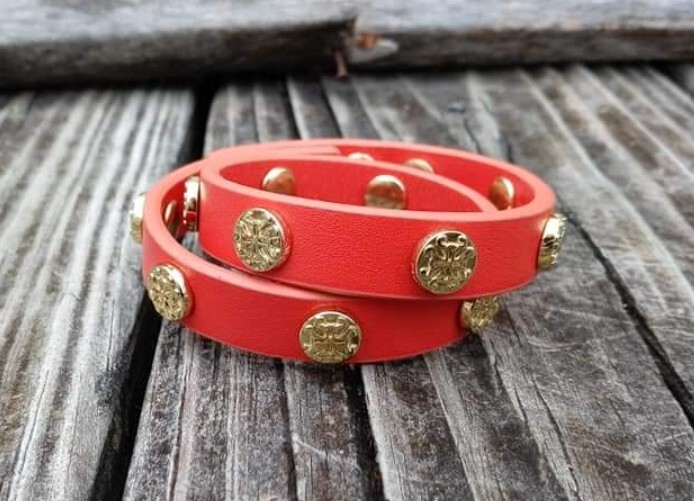 Rustic Cuff Bracelet Orange Leather Meagen Double Wrap Gold Retired RC Logo Snap