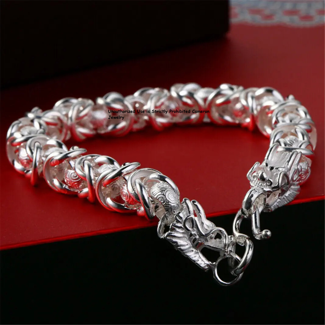 Pure S999 Fine Silver Chain Dragon Head 8-9mm Byzantine Thailand Link Bracelet