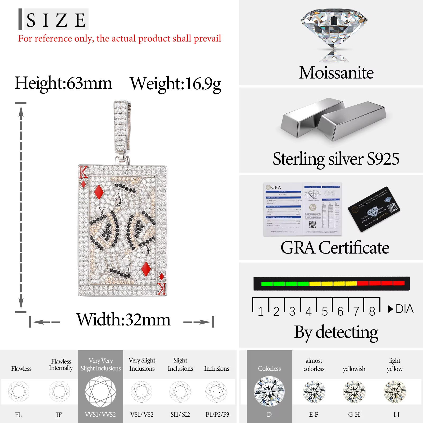 King Poker Card Moissanite Pendant VVS 925 Silver Iced Out Hip Hop Jewelry Men