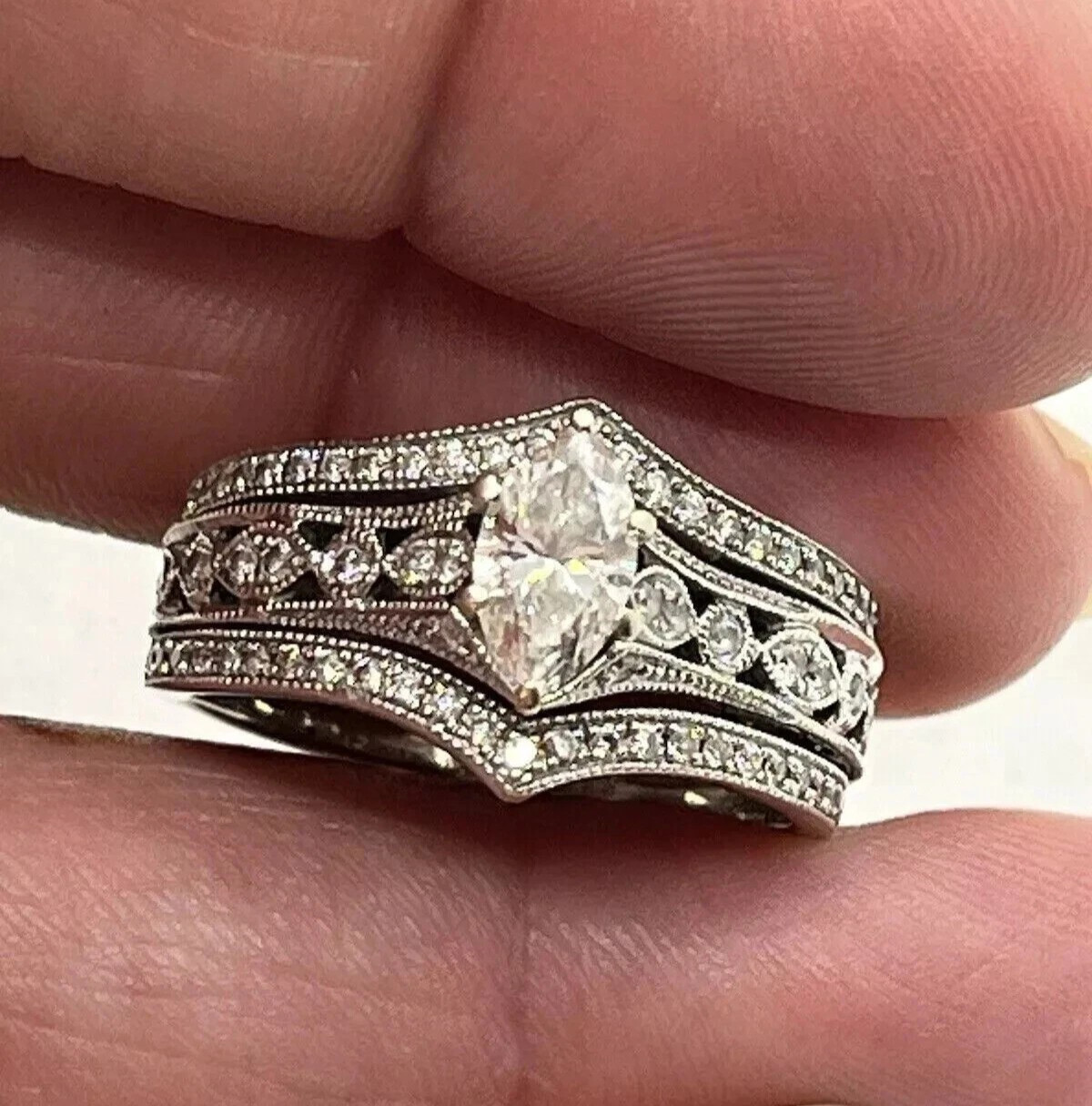 Art Deco Style 3Ct Created Diamond Engagement Trio Wedding Ring Set 925 Silver