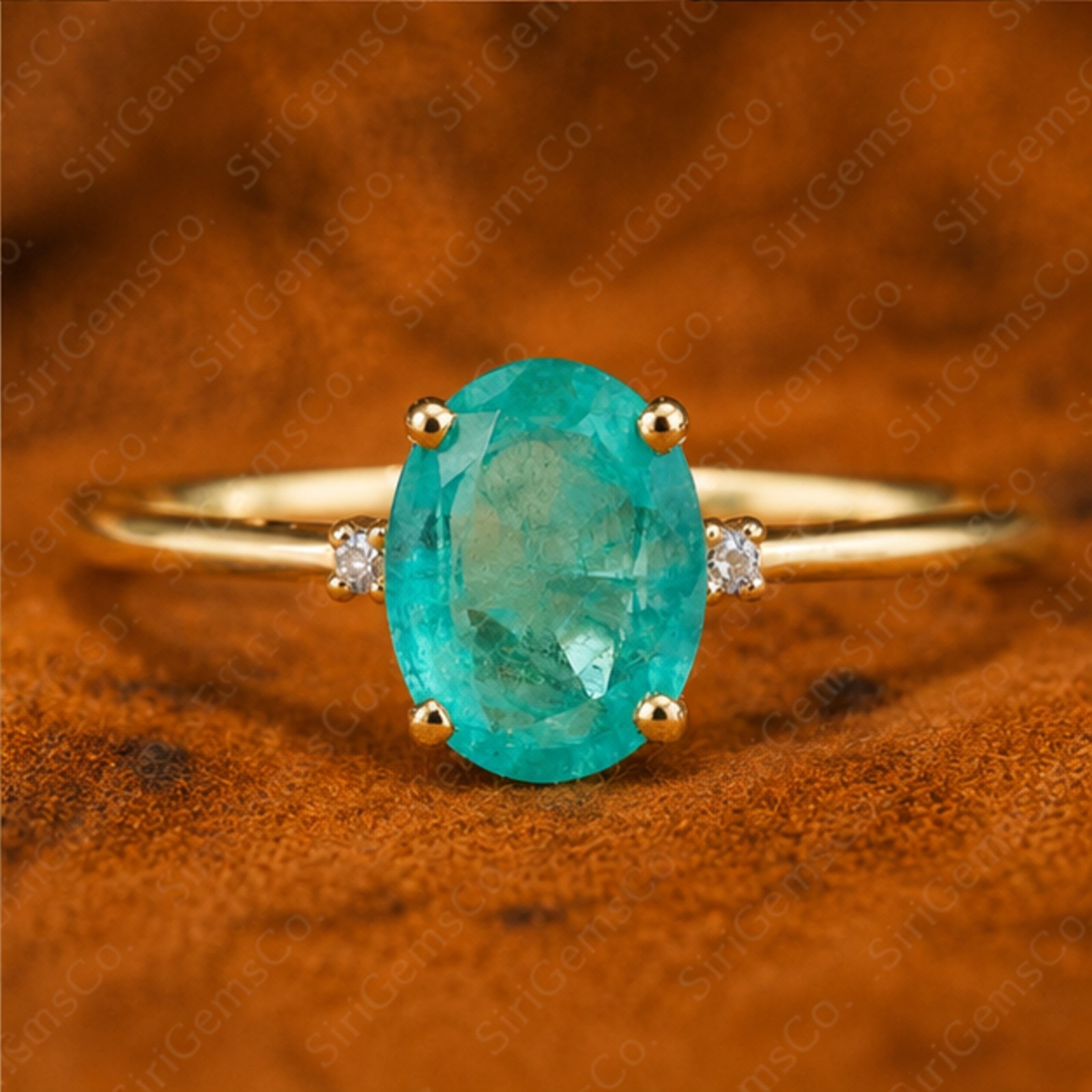 Oval Mint Green Emerald Ring Diamond Side Accent 14k Yellow Gold Over Silver Fin