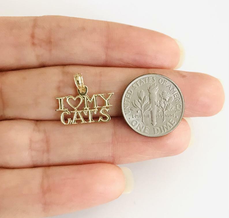 10K Solid Gold I Love My Cats Charm-14mm x 16mm Small 10K Gold Cat Pendant-C3520