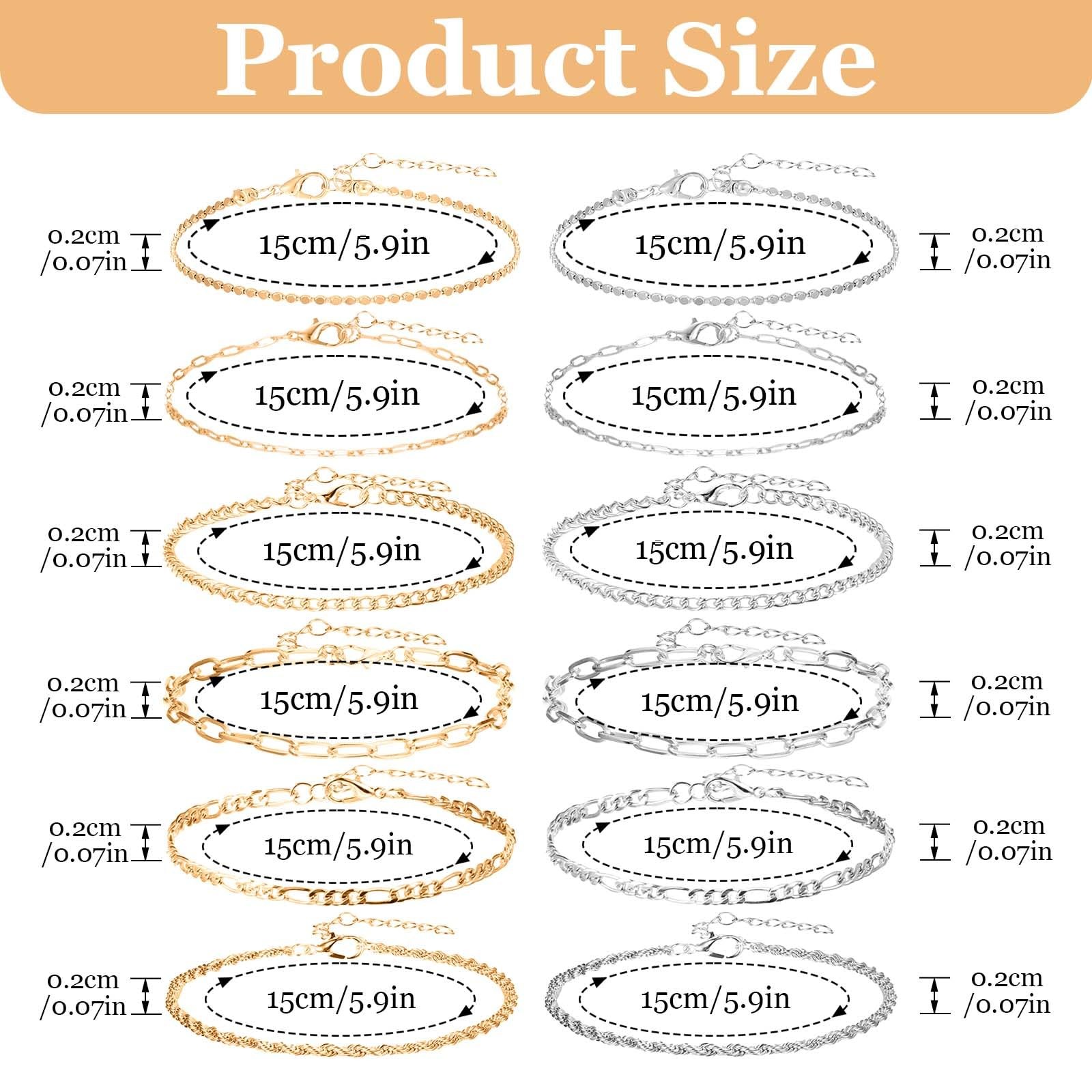 KFHENSOMR 12pcs Gold/Silver Ankle Bracelets for Women Medium, Gold + Silver
