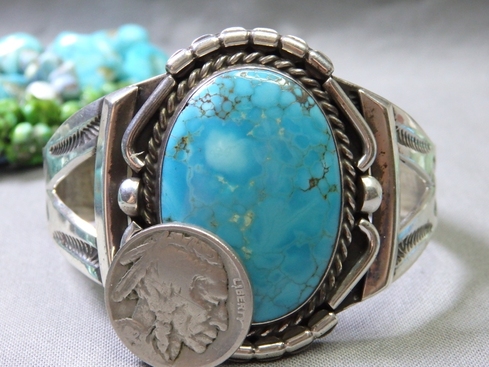 Fred Harvey Era NAVAJO Natural BLUE GEM TURQUOISE Coin Silver 50g CUFF Bracelet
